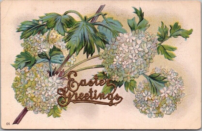 1910s EASTER GREETINGS Embossed Postcard White Flowers / Not Postally Used