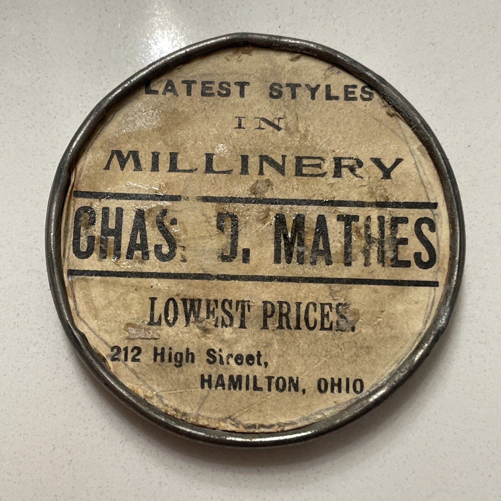 Antique Hamilton Ohio Chas D Mathes Millinery Pocket Mirror Ca1910 Advertising
