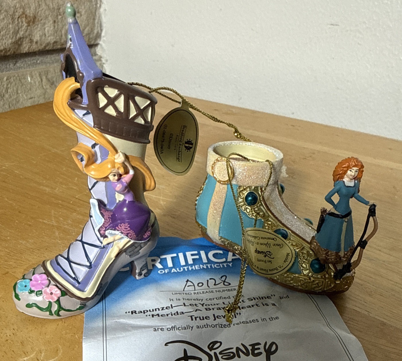 2 Disney Once Upon A Slipper Ornament Bradford Exchange W/COA Rapunzel & Merida
