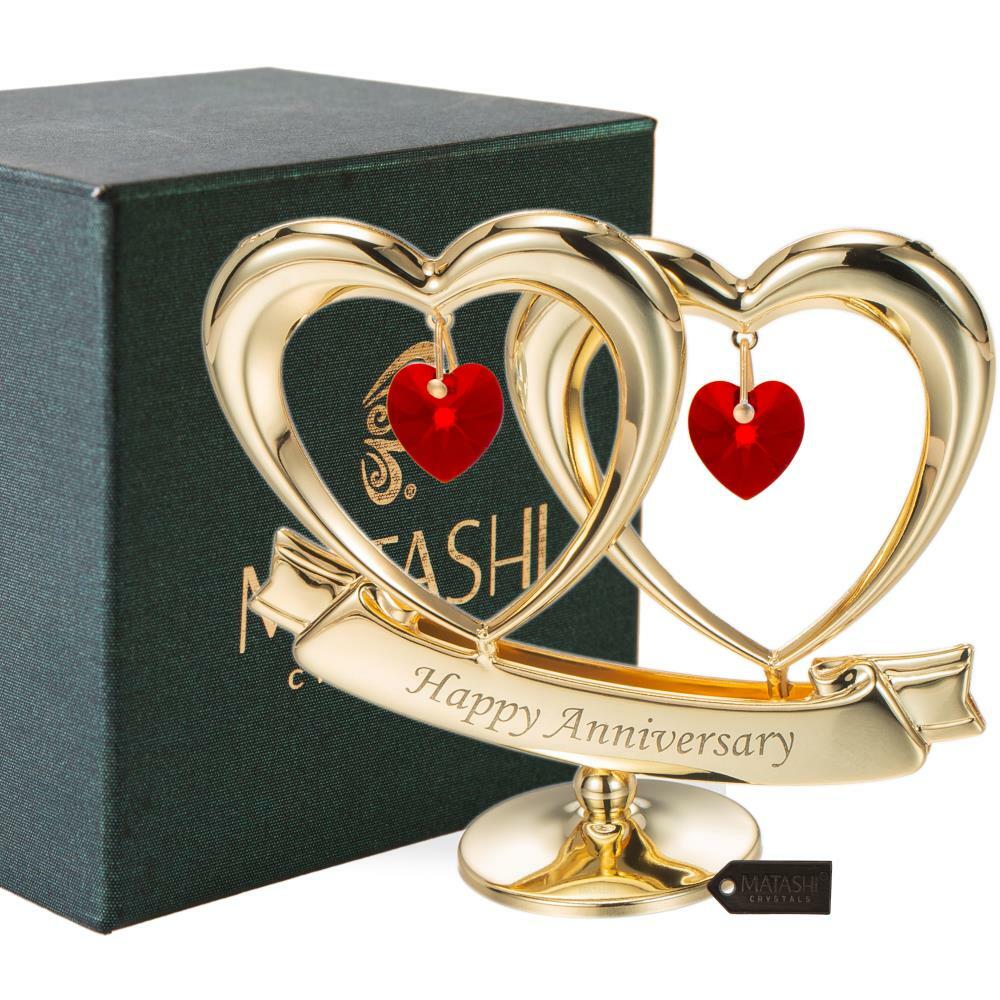 Matashi 24K Gold Anniversary Double Heart Table Ornament with Red Crystal Accent