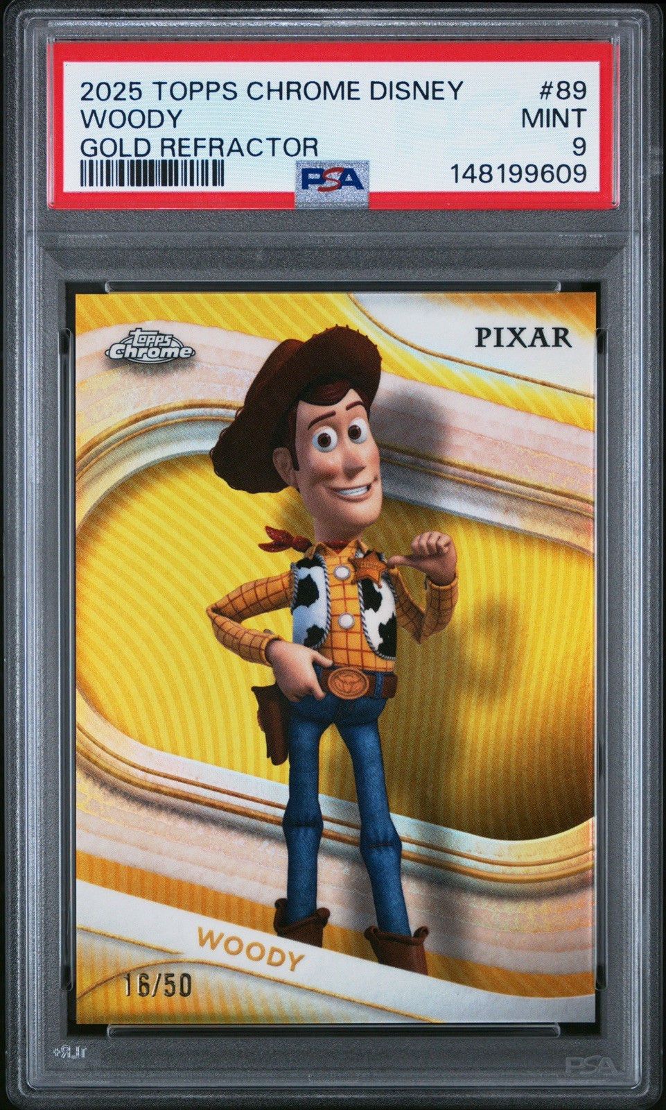 💥 Woody TRUE GOLD /50 PSA 9💥 2025 Topps Chrome Disney - Gold Refractor LOW POP