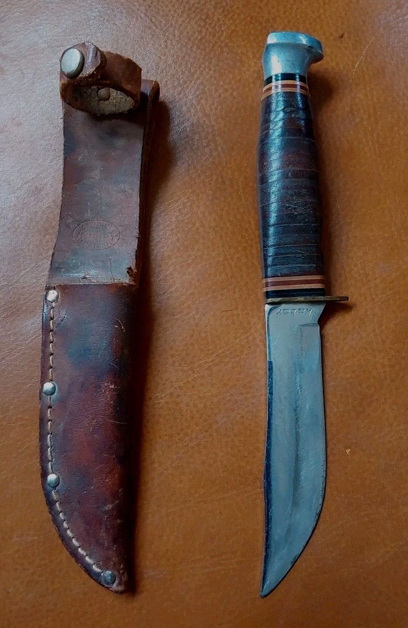 Vintage KA-BAR Hunting Knife Stacked Leather Handle 1950s 1960s With Sheath