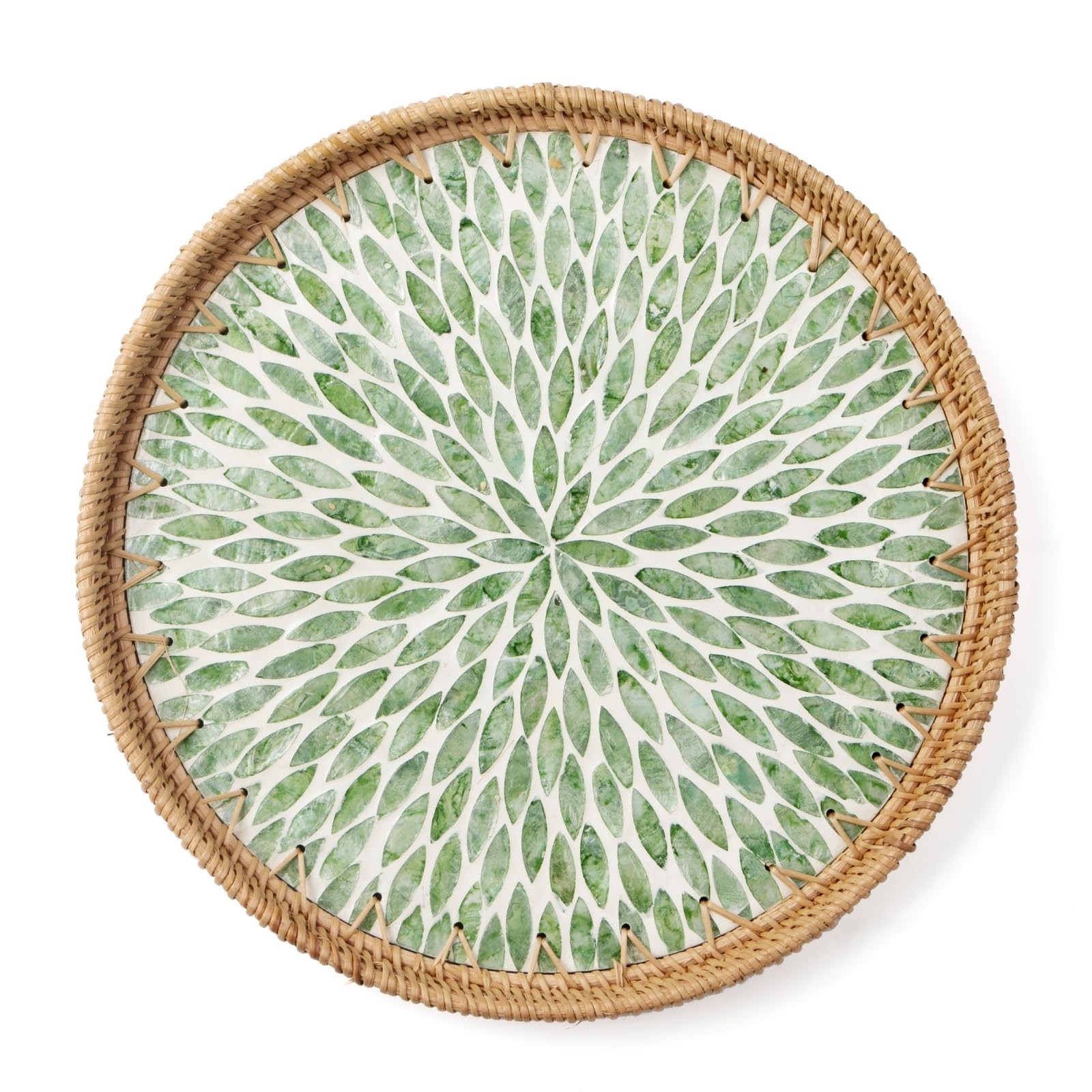 Round Rattan Tray with Mother of Pearl Inlay - Decorative Wooden Serving Tray