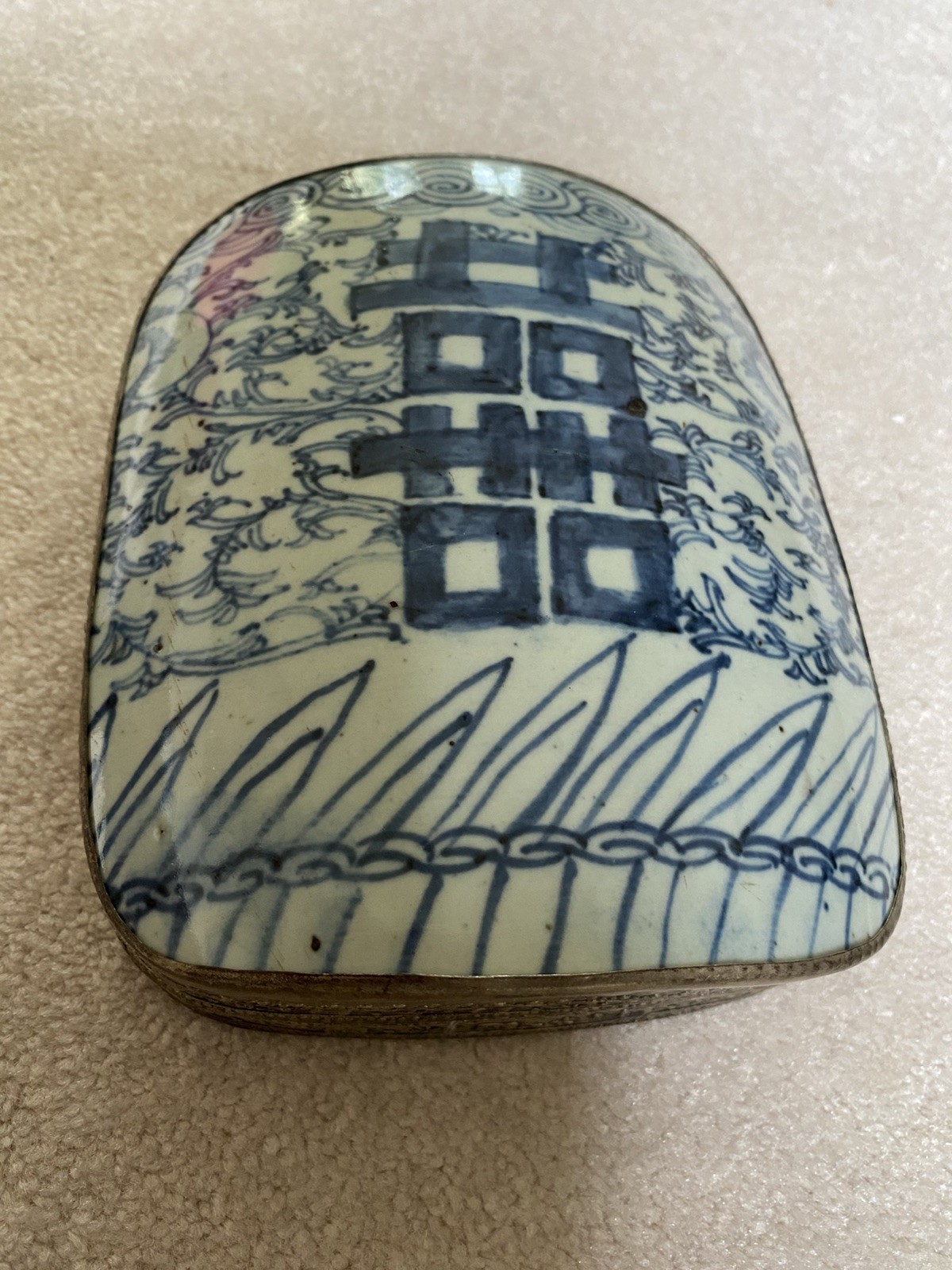 Vintage Chinese Hand Painted Porcelain Shard Top Silver Tone Trinket Box