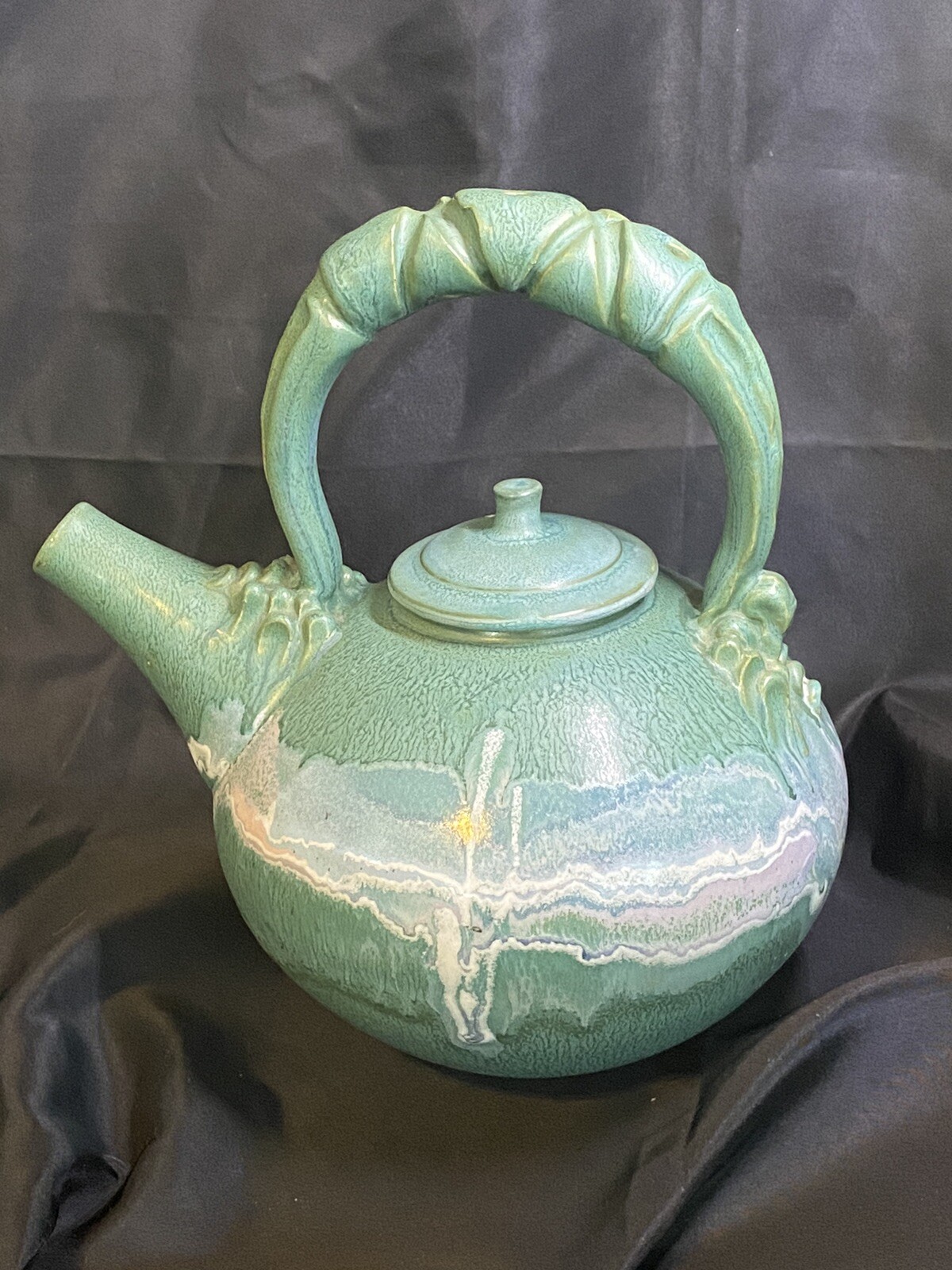 VINTAGE ARTISN TEAPOT POTTERY BLUE GREEN WHITE SIGNED 10.5 x 11\