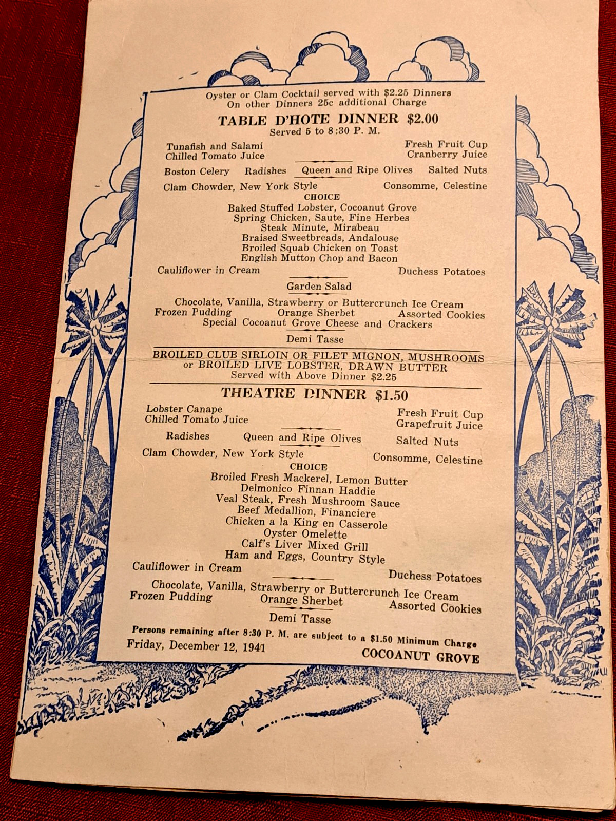 RARE ORIGINAL  1941 COCOANUT GROVE Boston MA   Menu FIRE  PEARL   HARBOR  WWII
