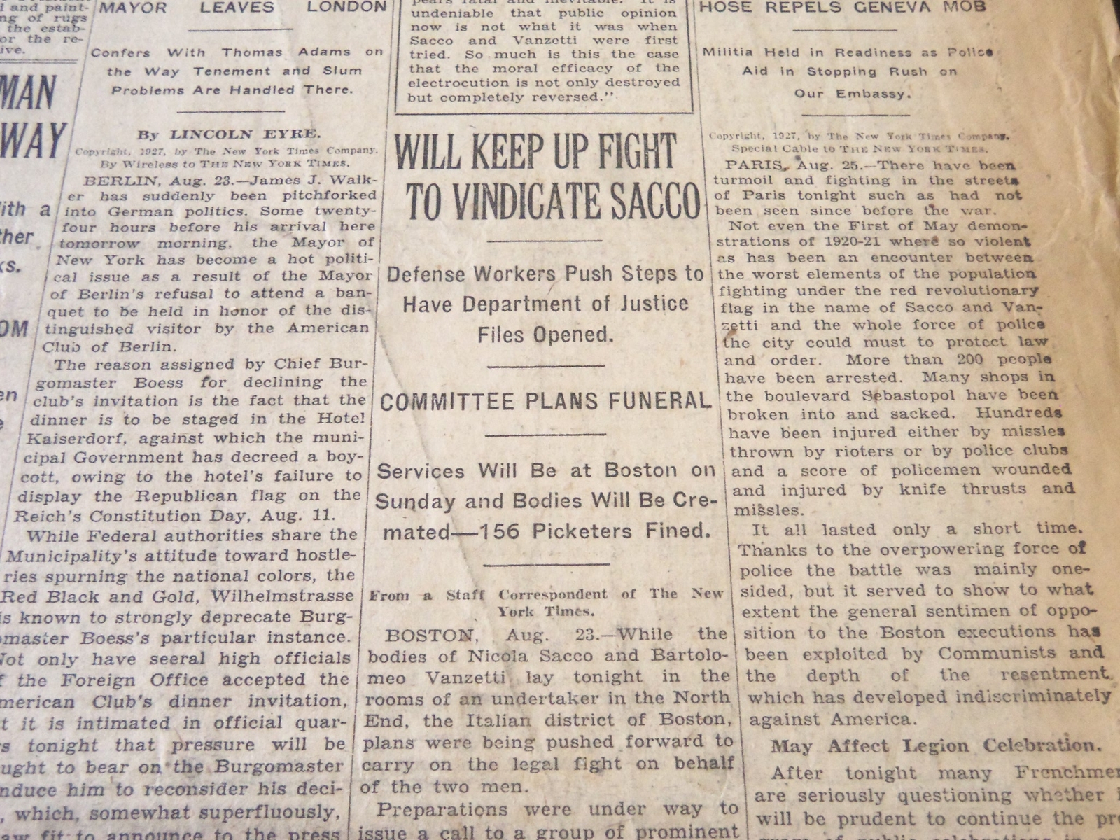 1927 AUGUST 24 NEW YORK TIMES - WILL KEEP UP FIGHT TO VINDICATE SACCO - NT 6366