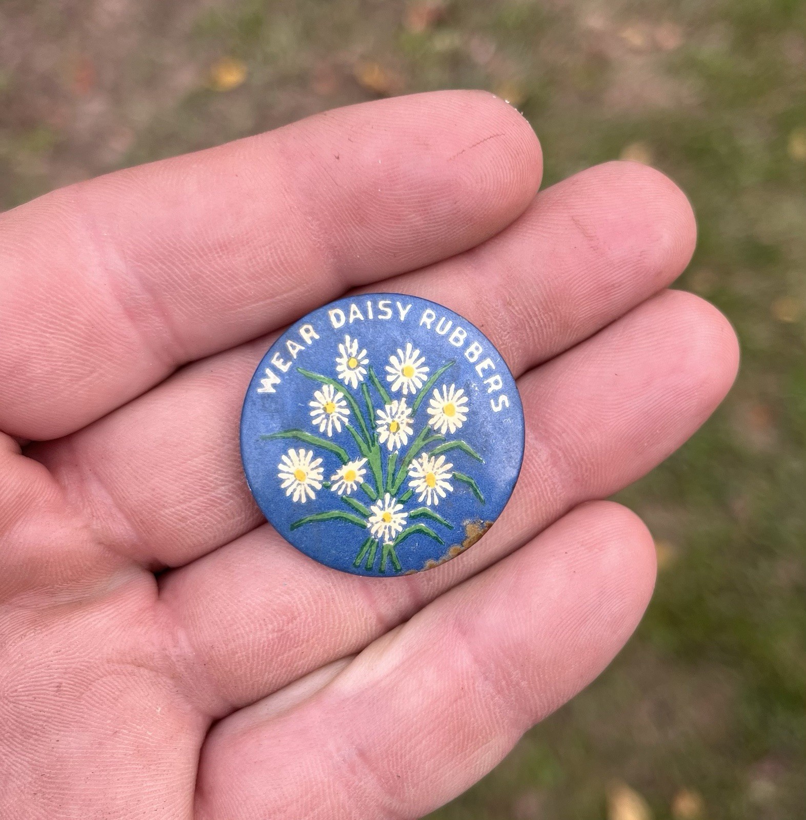 Antique Use Daisy Rubbers Prophylactic Condom Advertising Pinback Pin