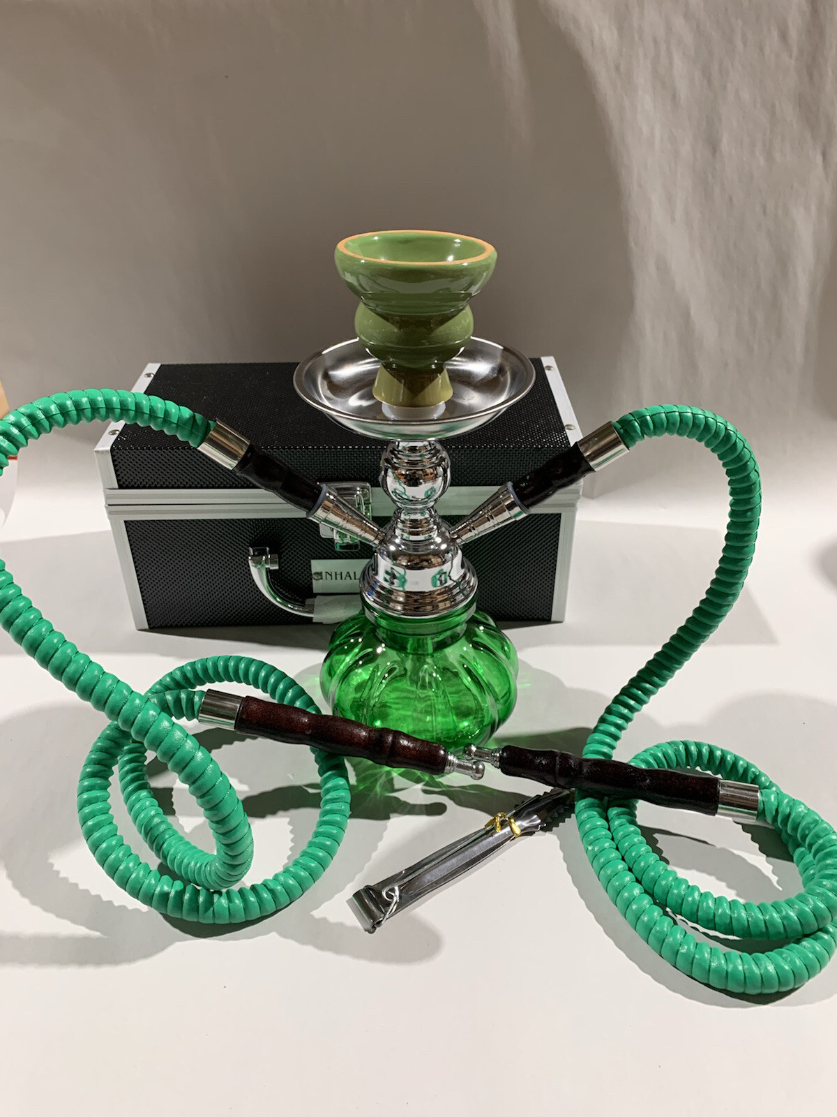 INHALE®️10 INCH 2 HOSE AVALANCHE SMALL PUMPKIN HOOKAH IN A HARD SUITCASE(GREEN) INHALE®️10 INCH 2 HOSE AVALANCHE SMALL PUMPKIN HOOKAH IN A HARD SUITCASE(GREEN)