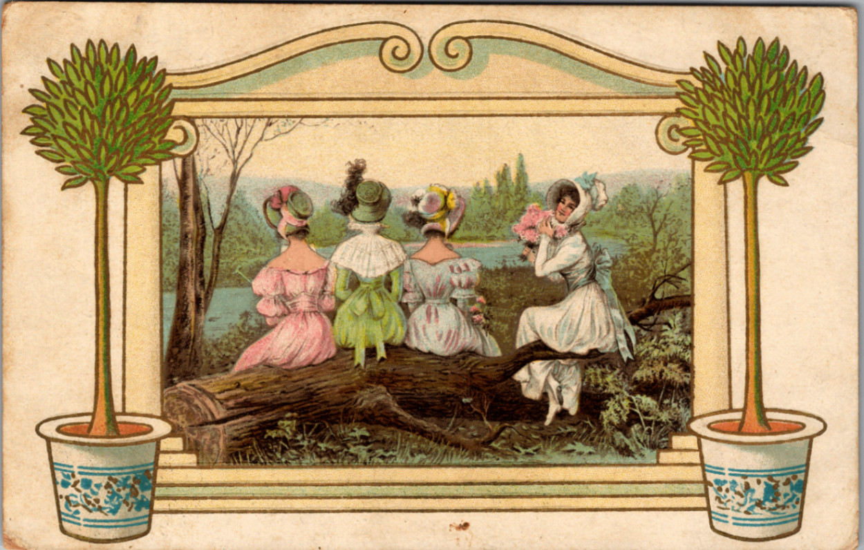 Elegant Victorian Ladies Postcard, Edwardian Fashion, Framed Art Scene, Unposted