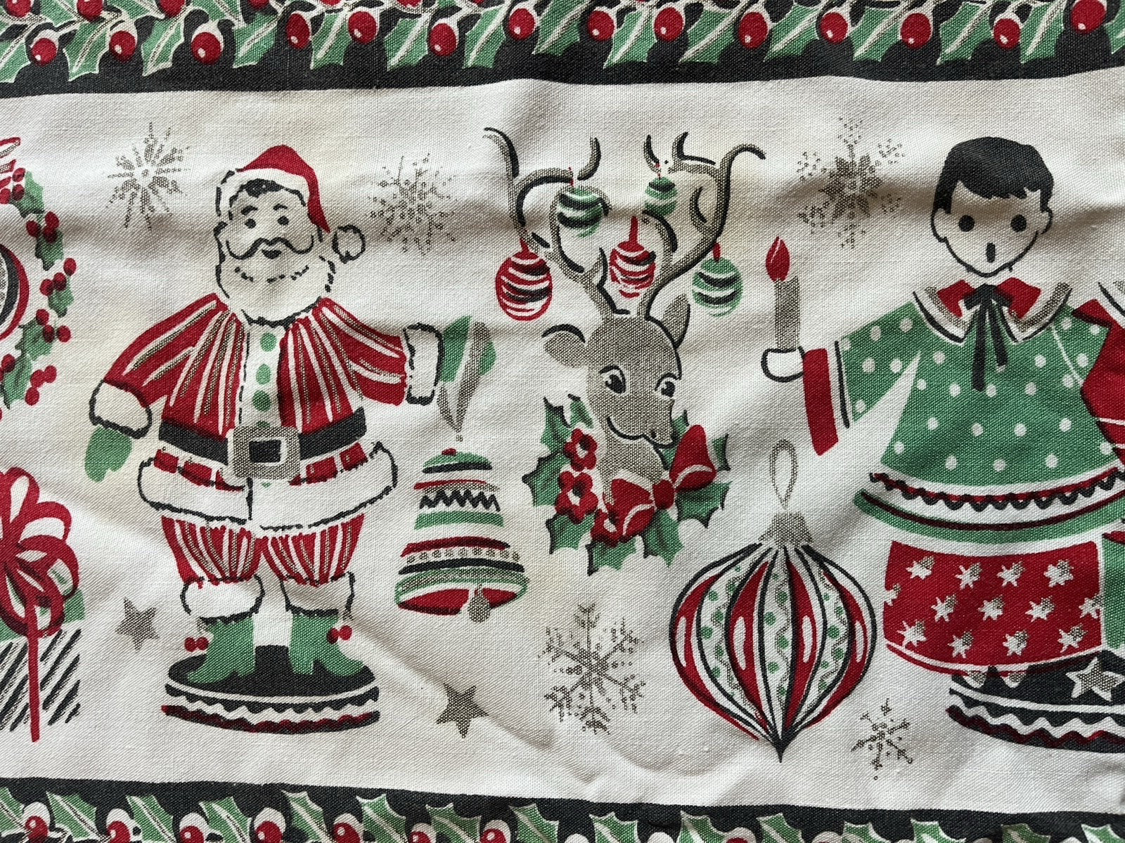 Vintage  Mid-Century Christmas Tablecloth Santa Reindeer Angels 59x65\