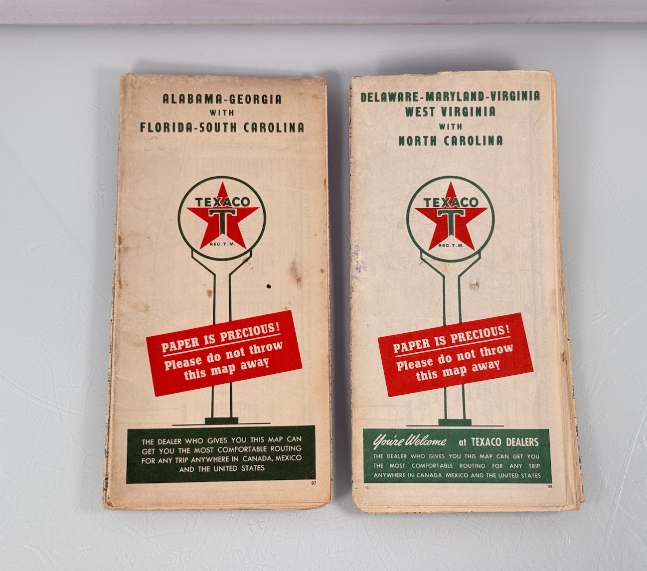 2pc Vintage 1940s Texaco Florida Georgia Alabama NC SC Fold-Out Touring Road Map
