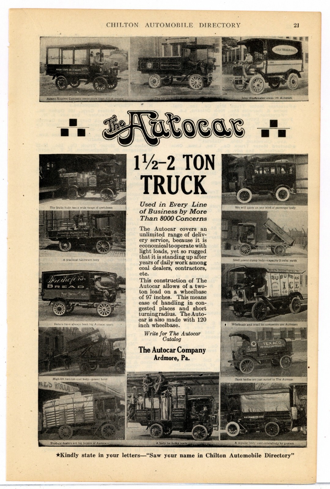 1920 Autocar Trucks Ad: 14 Model Photos - All Types - Ardmore, Pennsylvania