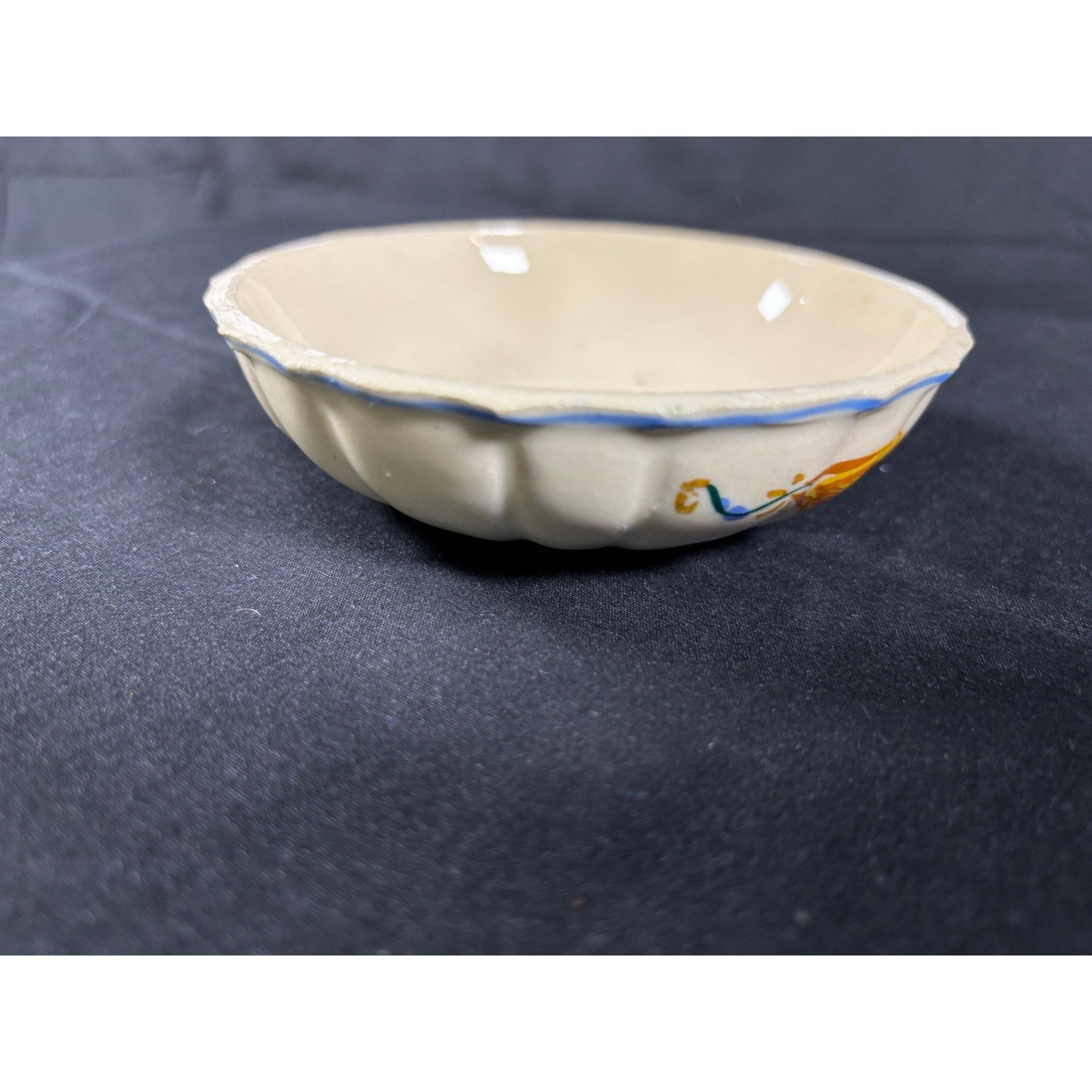 Vintage Hand Painted Italy Ceramic Scalloped Floral Bowl Cream Blue 5.5 Inch