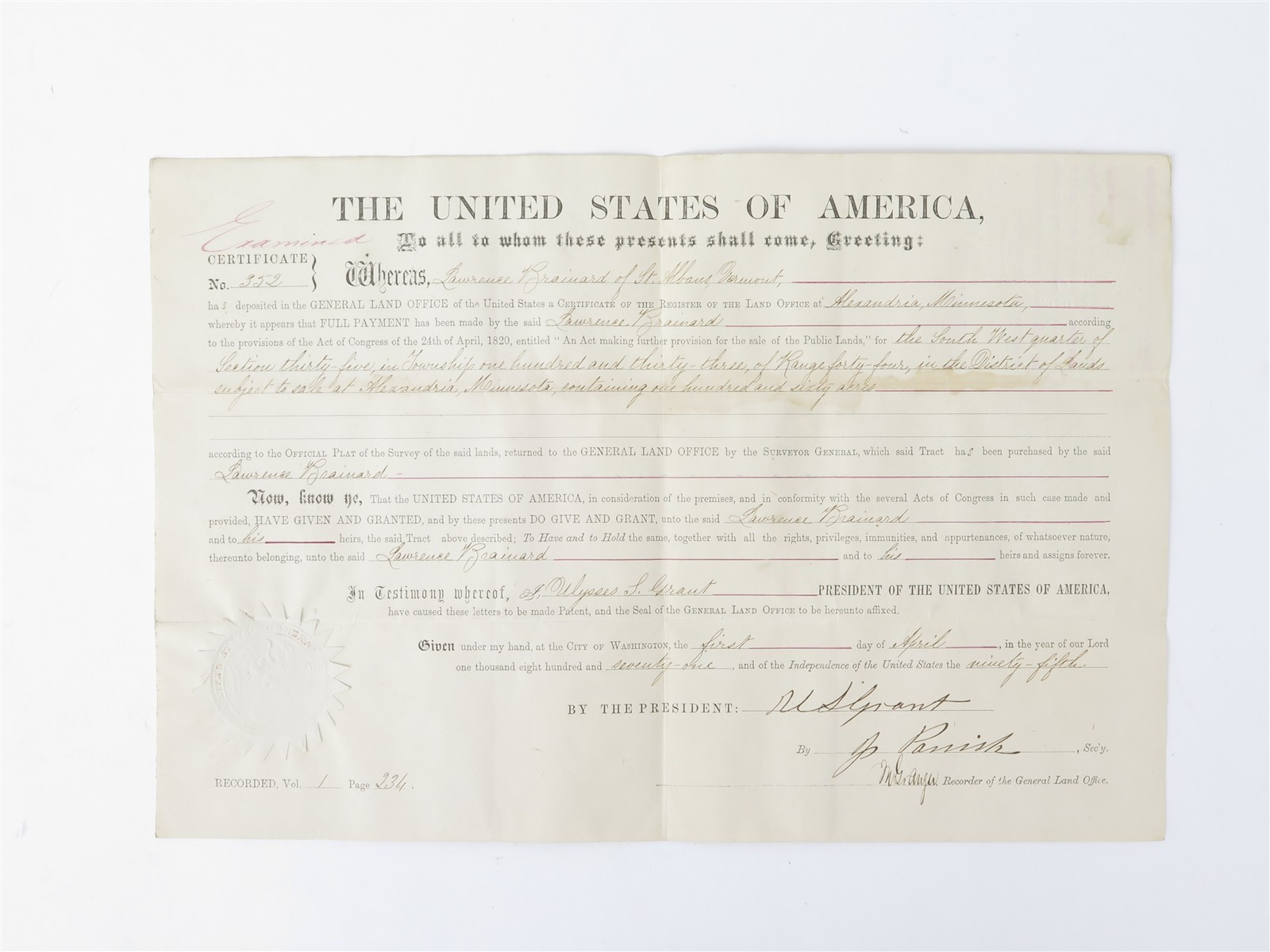 1871 Ulysses S Grant US Land Patent Minnesota Lawrence Brainard 160 Acres