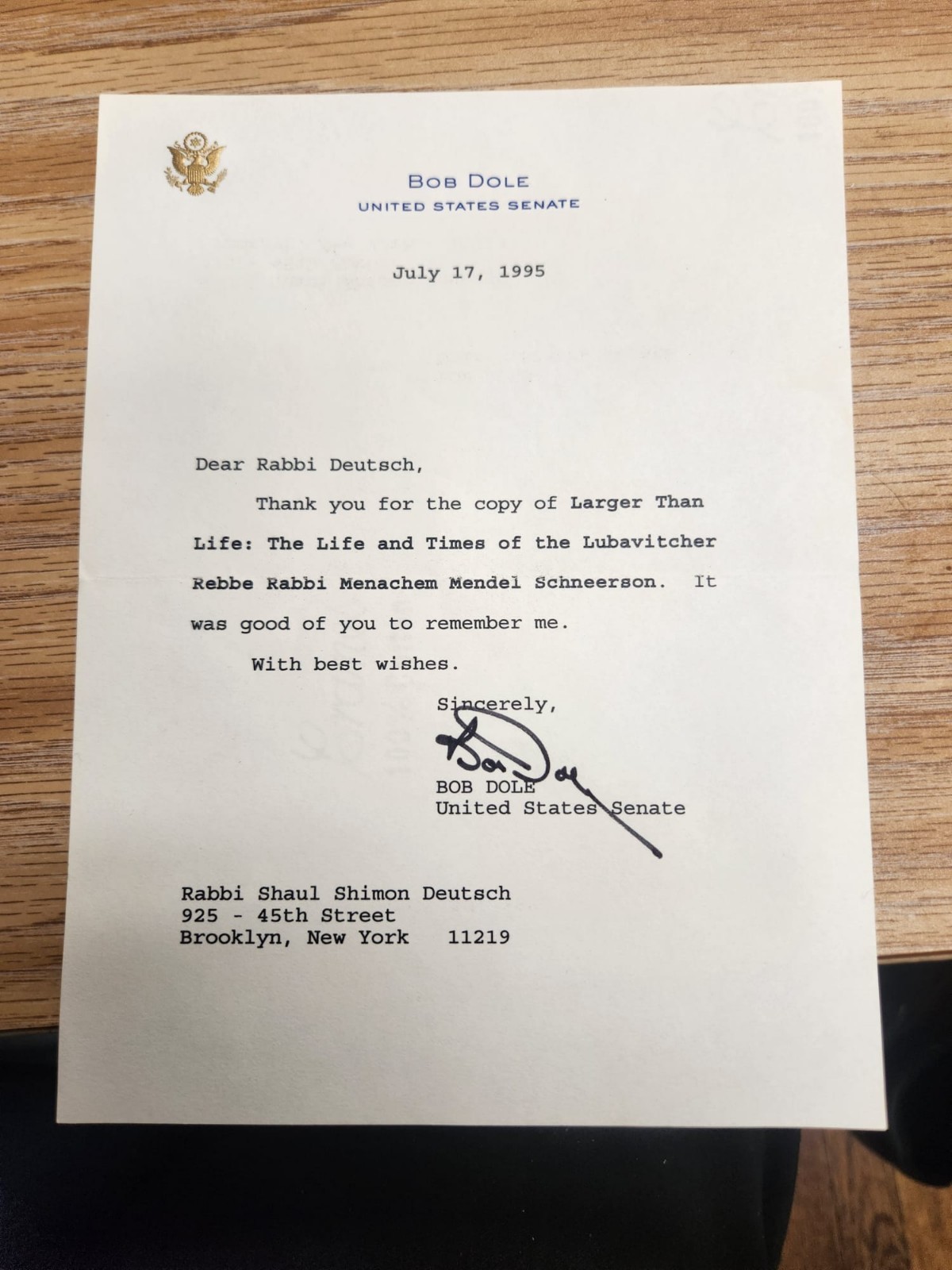 Bob Dole Signed Letter 1995 US Senator Presidential Candidate Chabad Lubavitch 