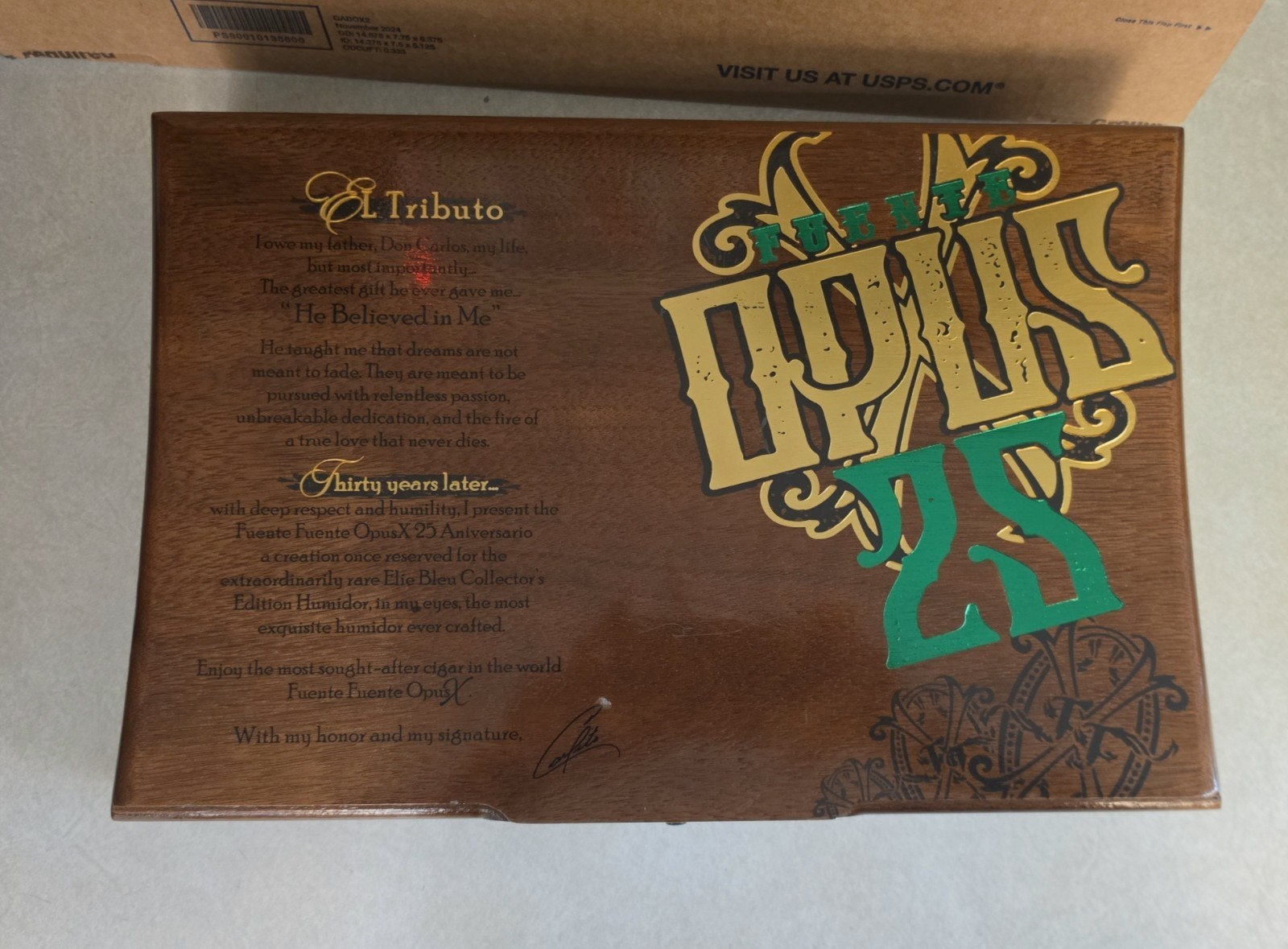 Fuente OpusX 25th Anniversary, titled “El Tributo.” Empty Cigar Box