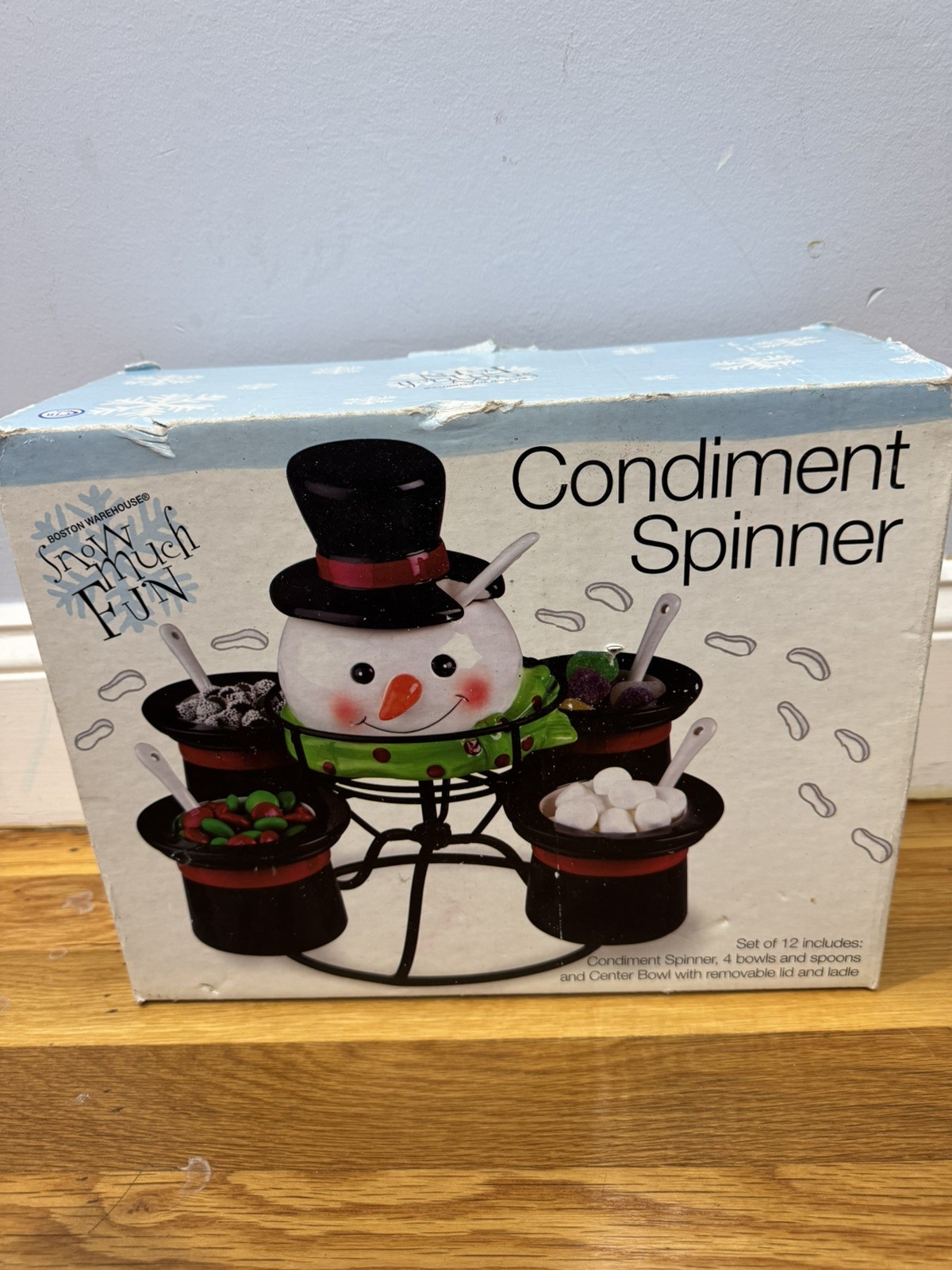 Boston Warehouse Snow Much Fun Snowman Condiment Spinner Set w/Spoons Hats NIB ⛄