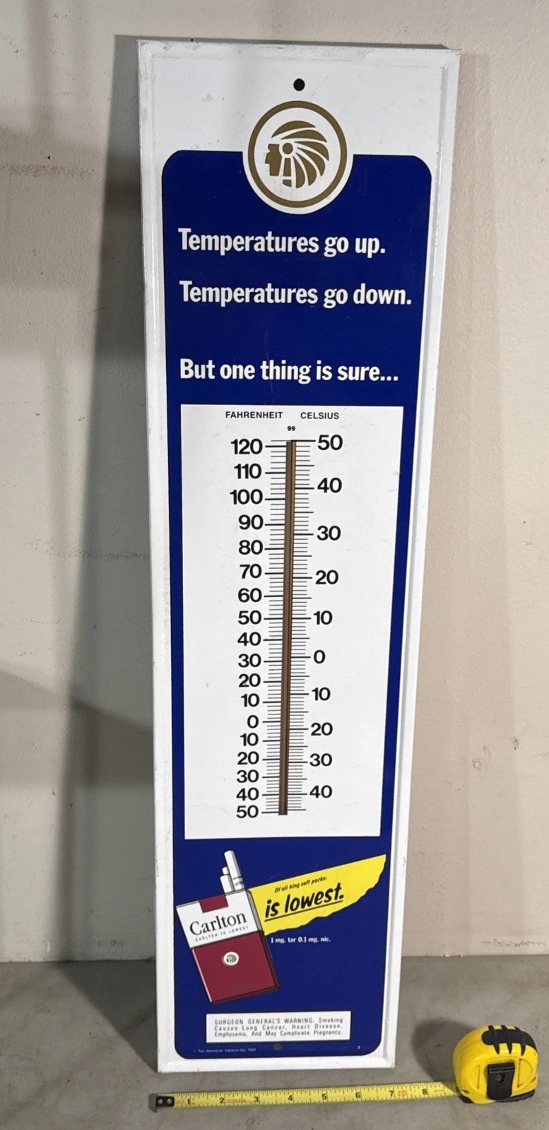 Vintage 1991 Carlton Cigarettes 28x7” Vertical Wall Thermometer Ad by Stout Sign