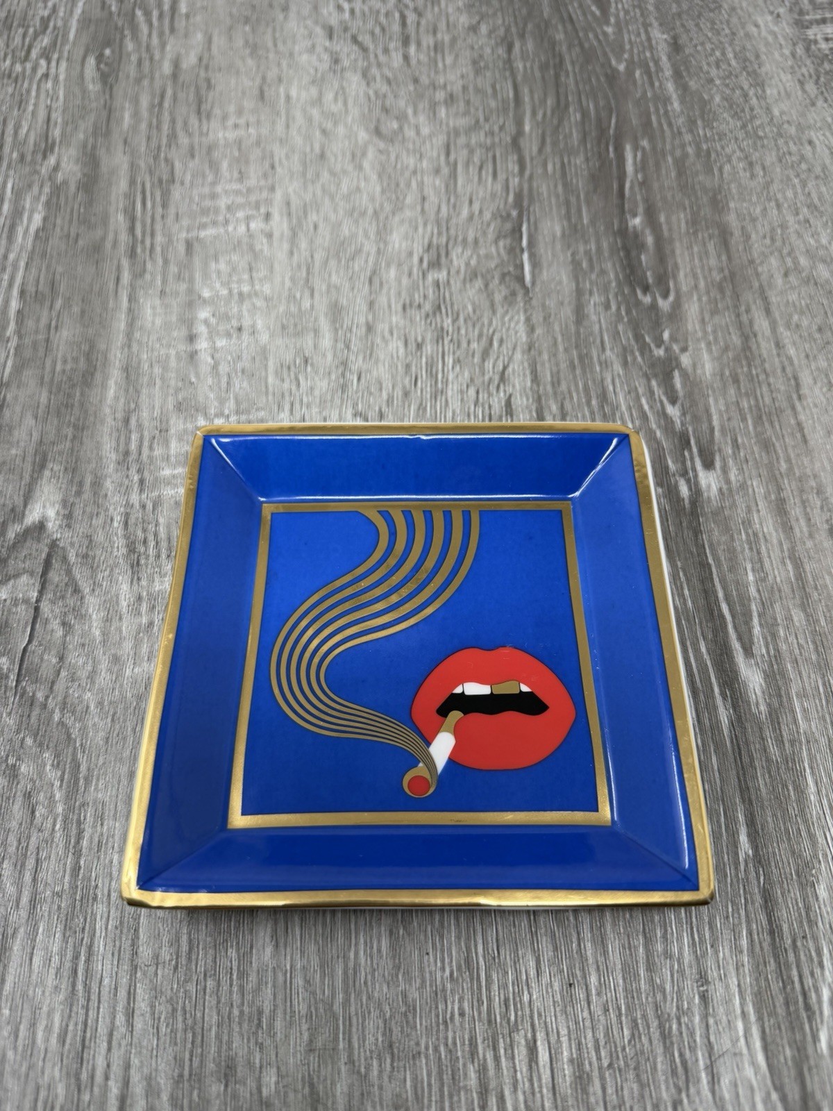 Jonathan Adler Full Dose Square Trinket Tray Blue Gold Smoking Lips Porcelain