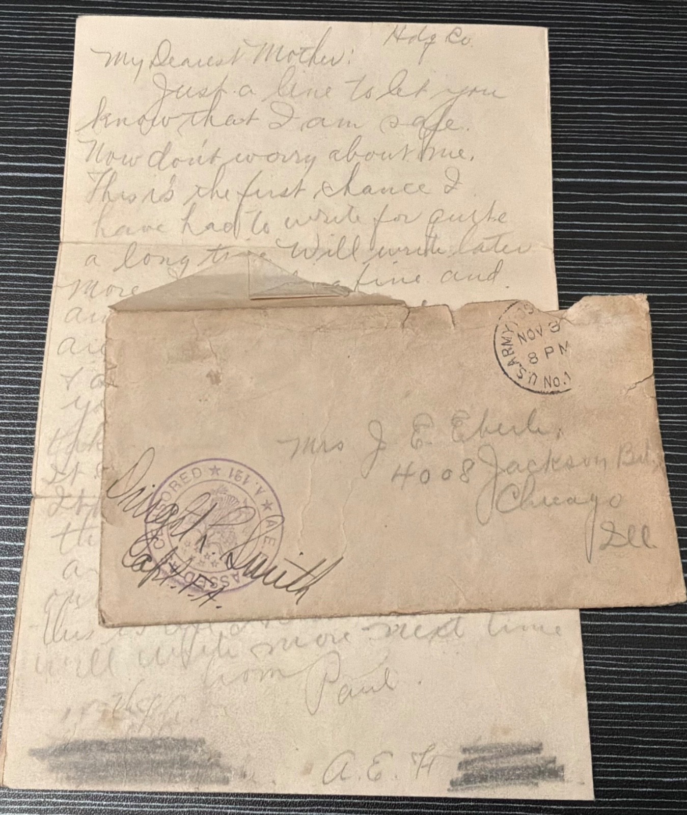 WWI AEF letter 149th FA, taken $10,000 insurance, am safe, no chance to write.