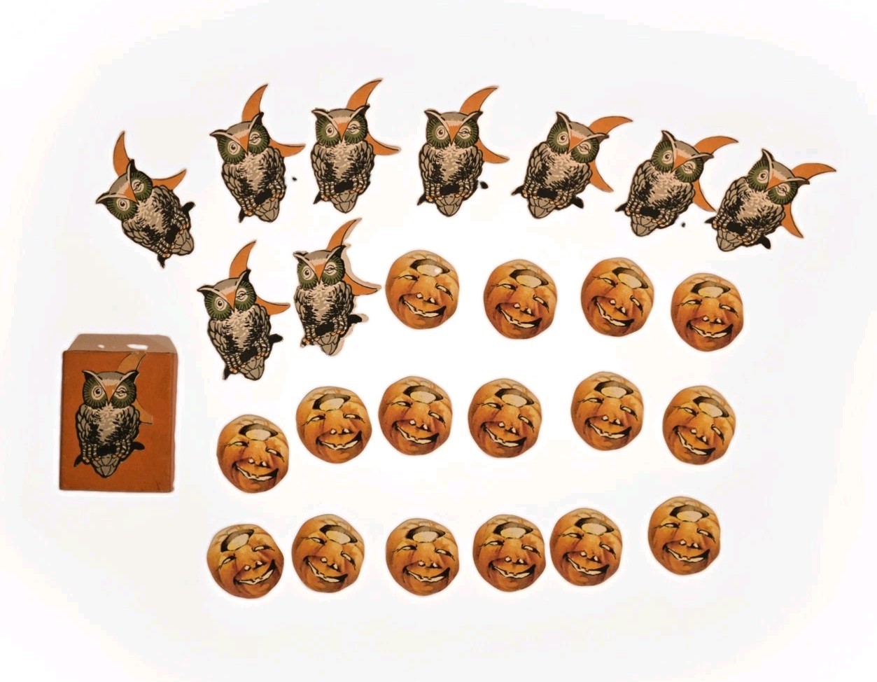 RARE Antique Vintage Gibson Halloween Gummed Seals in Box, Owl & Moon, 1920s