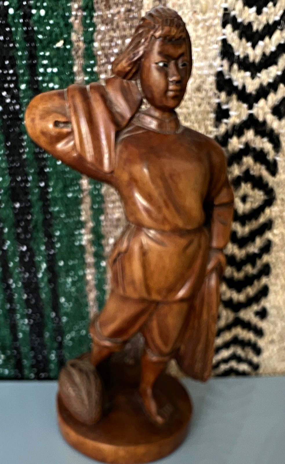 Vintage Hand-Carved Boxwood Figurine Girl Laborer Carrying Sack Vintage Hand-Carved Boxwood Figurine Girl Laborer Carrying Sack