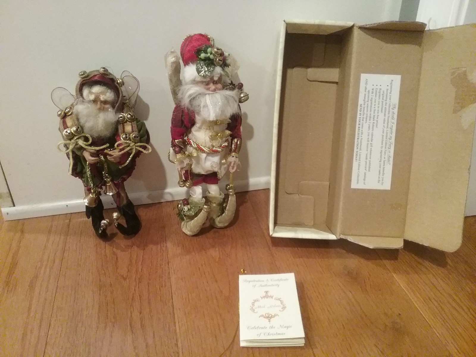 2 MARK ROBERTS CHRISTMAS FAIRY ELF FIGURINES JEWELED VELVET OUTFIT WITH BELLS