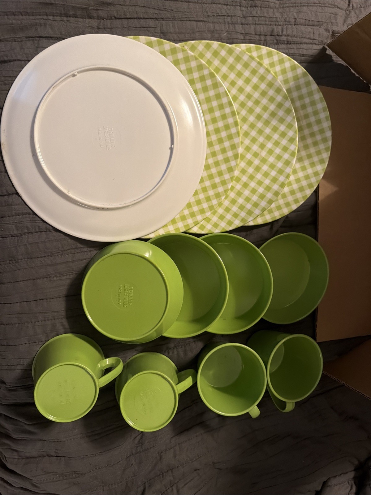 Vintage Genuine Melamine Avacodo Green Plaid Cups & Bowls Set 1970s MCM 12 PIECE