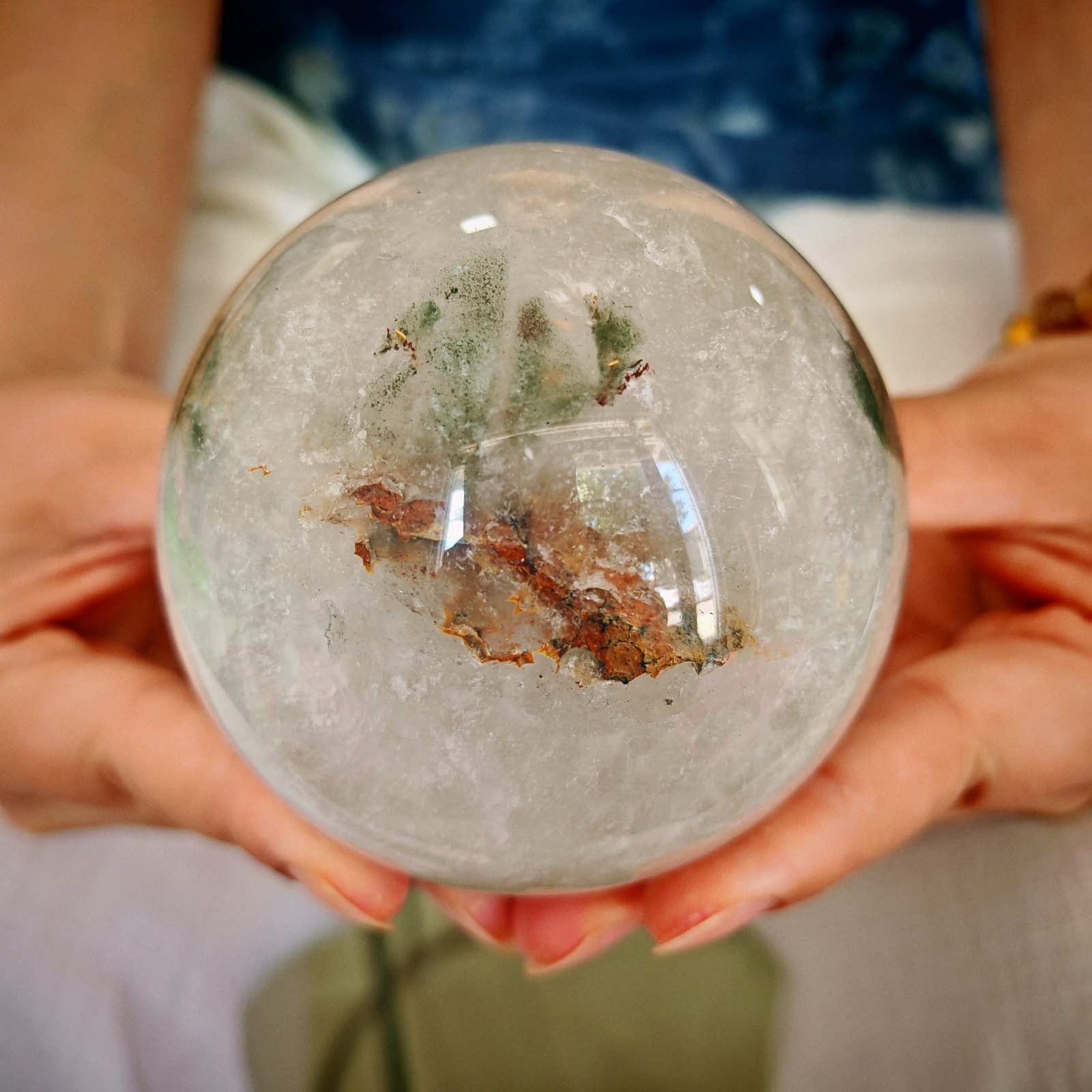 1.87LB TOP Natural green phantom quartz ball crystal hand carved healing