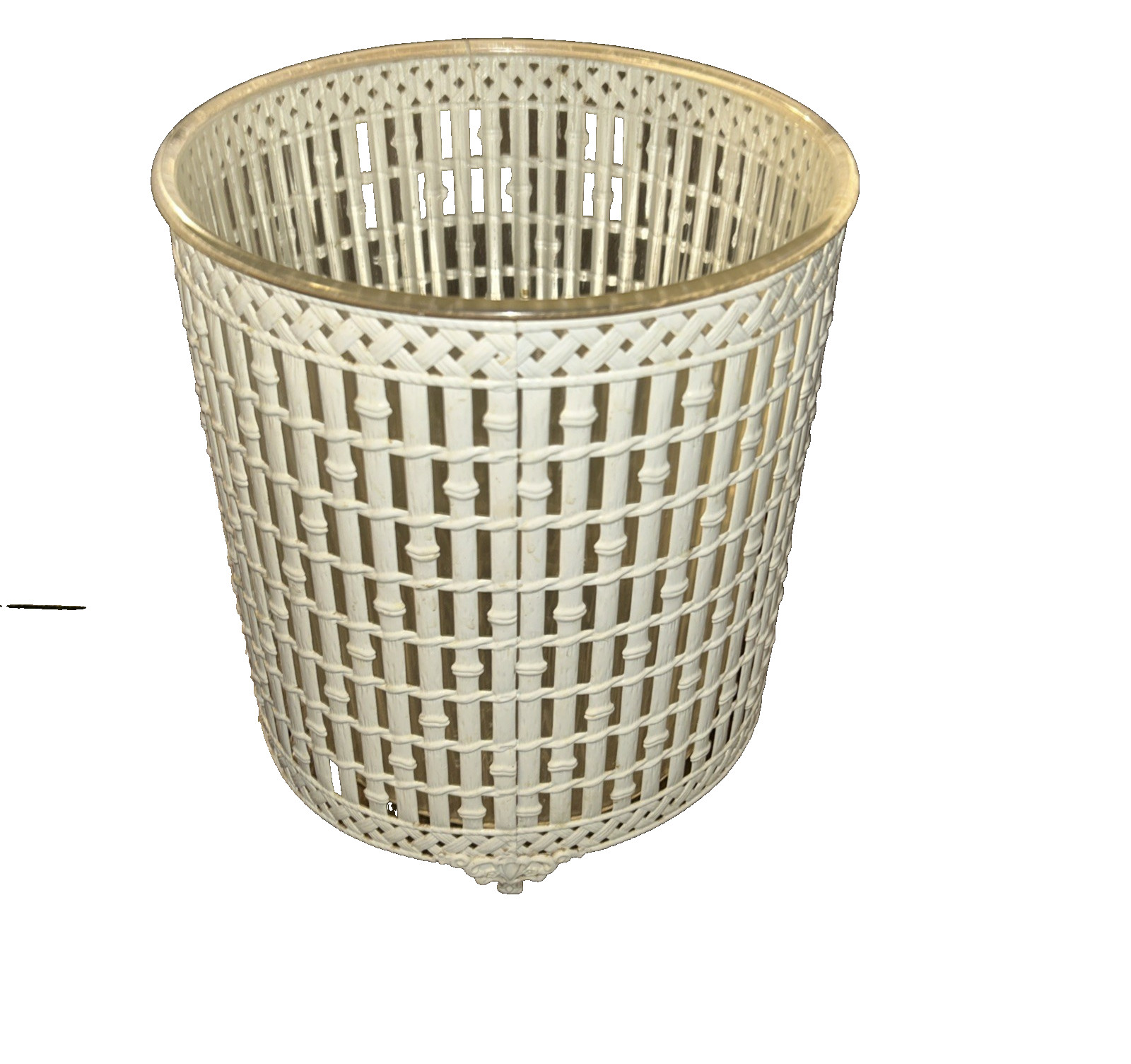VTG WHITE METAL CANE DESIGN FOOTED WASTE BASKET W GLOBE LUCITE LINER 11\