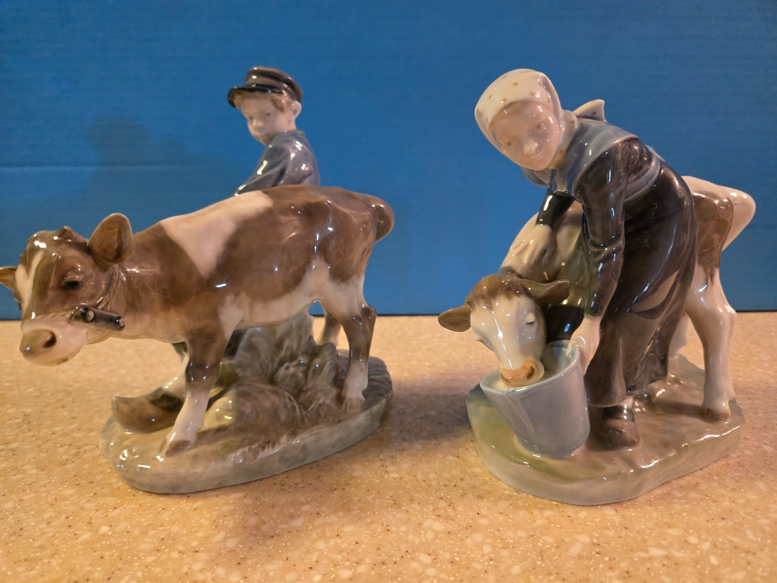 2 Boy & Girl w/Cows Porcelain Figurines 772 & 779 Royal Copenhagen Denmark 1950s