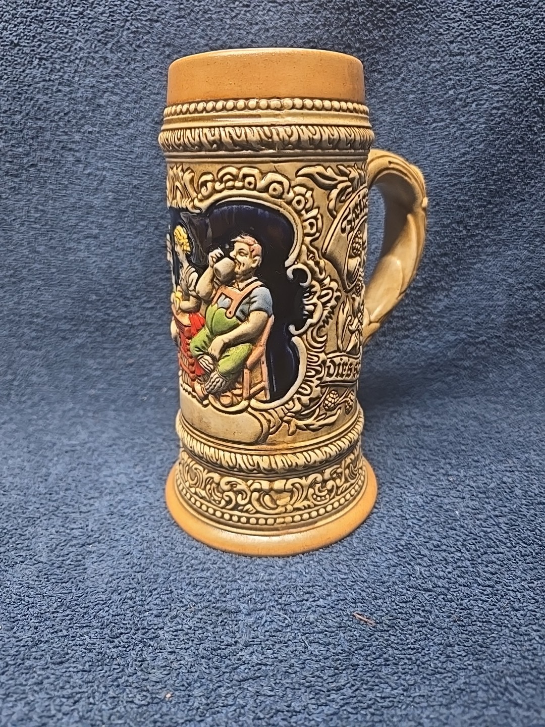 Vintage Ceramarte Brazil Beer Stein - German Tavern Scene - Relief Mug 8”