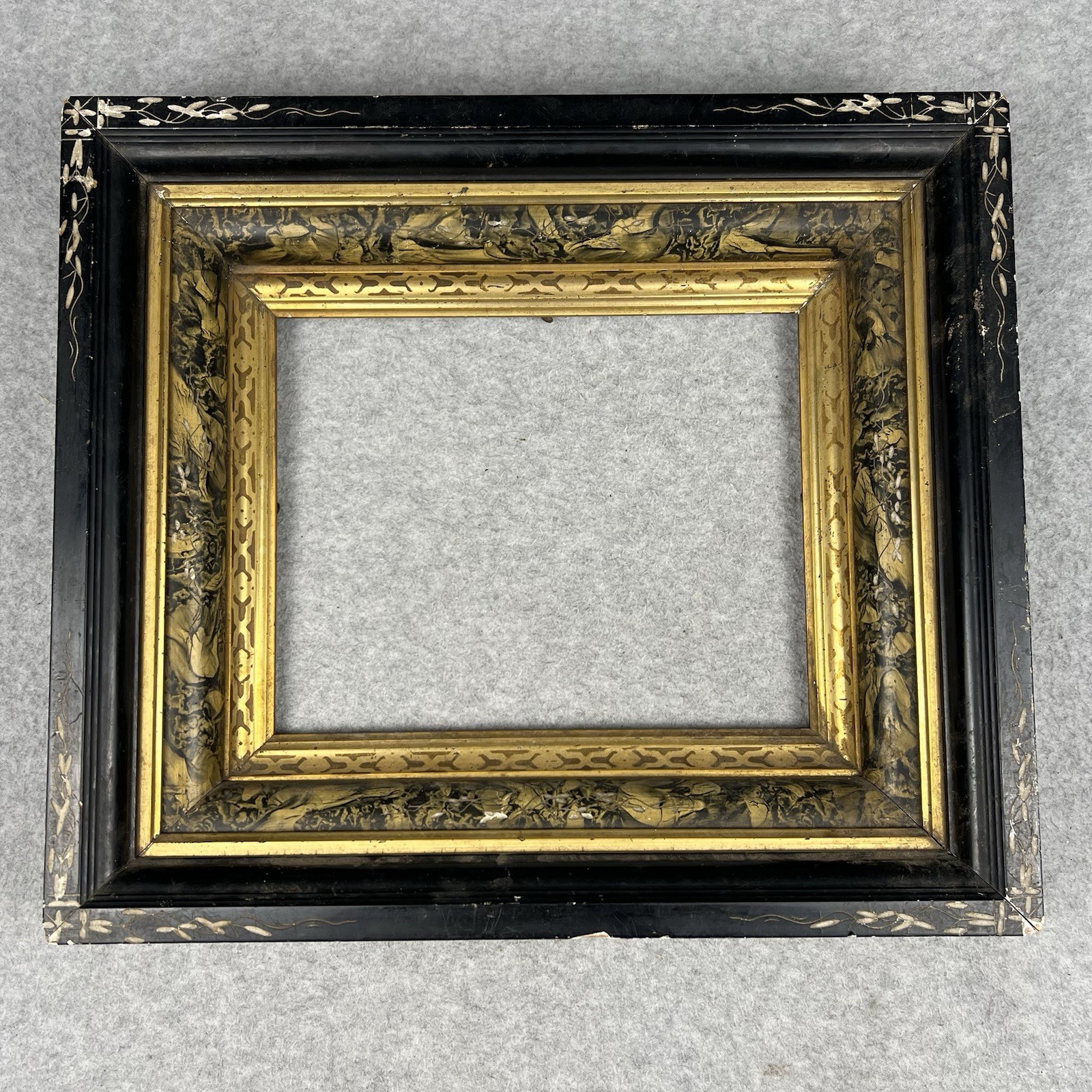Antique 19th C Black Gilt Floral Inlaid Wood Picture Frame Victorian. 16” X 14”
