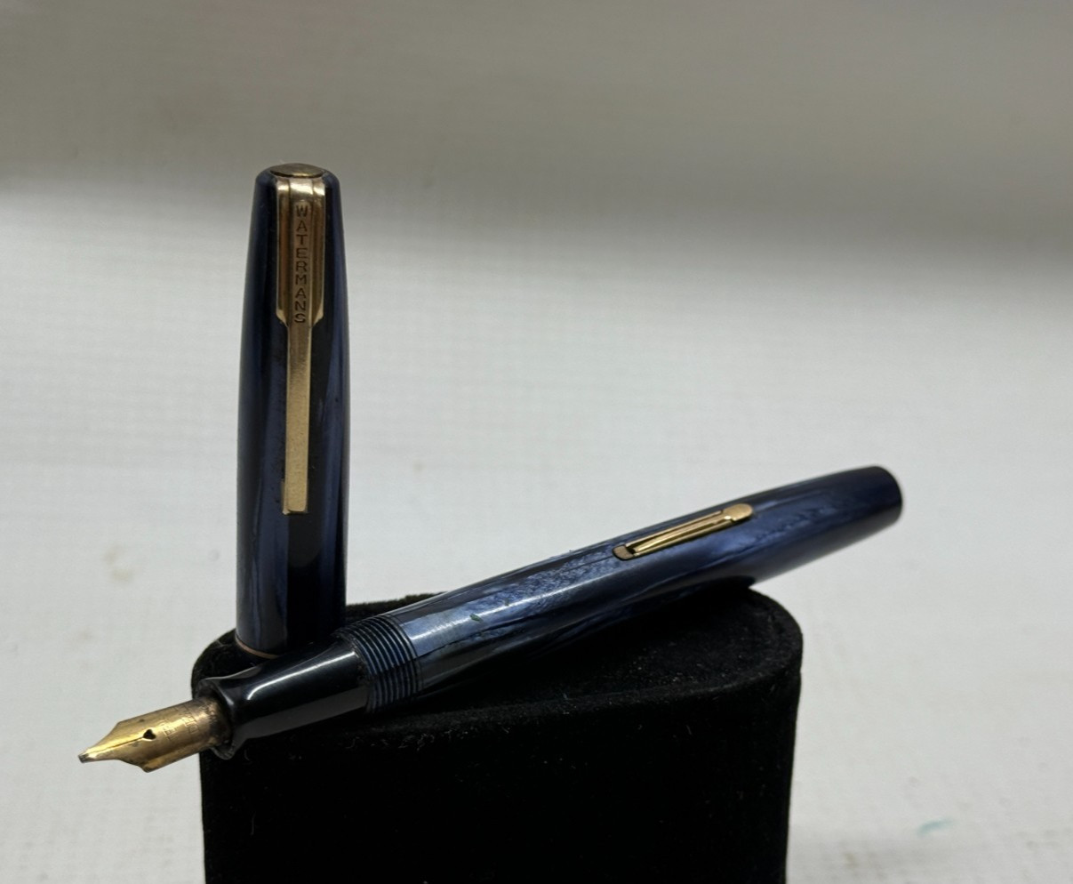 Vintage Waterman’s Ideal Fountain Pen Blue Marble Celluloid Gold Nib WORKS