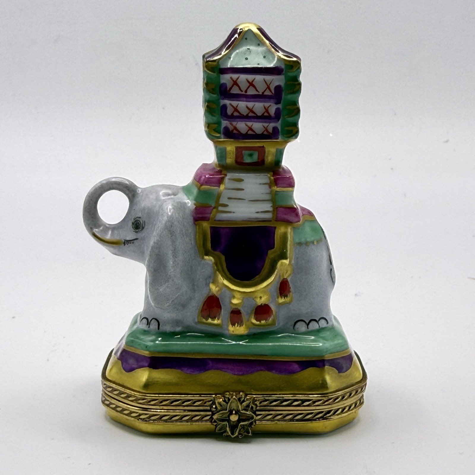 LIMOGES ELEPHANT TRINKET BOX CHAMART PEINT MAIN FRANCE VINTAGE VIDEO FLOWERS