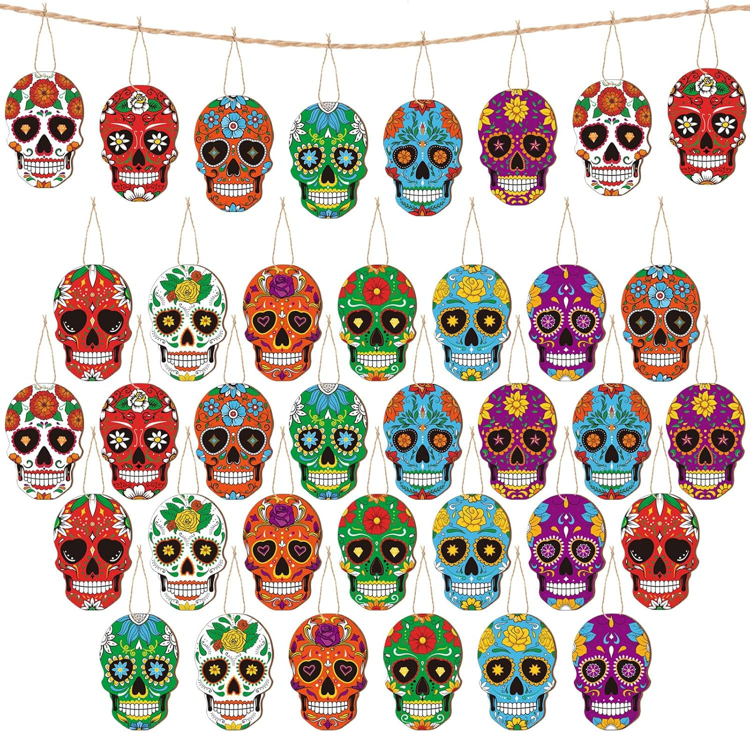 36 Pcs Day of the Dead Wooden Ornaments Dia De Los Muertos Sugar Skull O