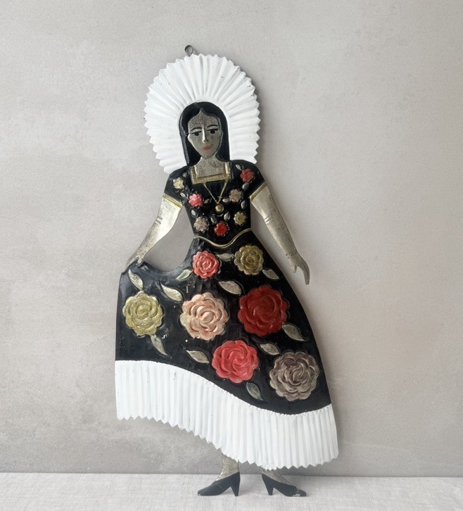 Vintage Mexican Folk Art Punched Tin Woman Wall Decor Hand Painted Tehuana 17\