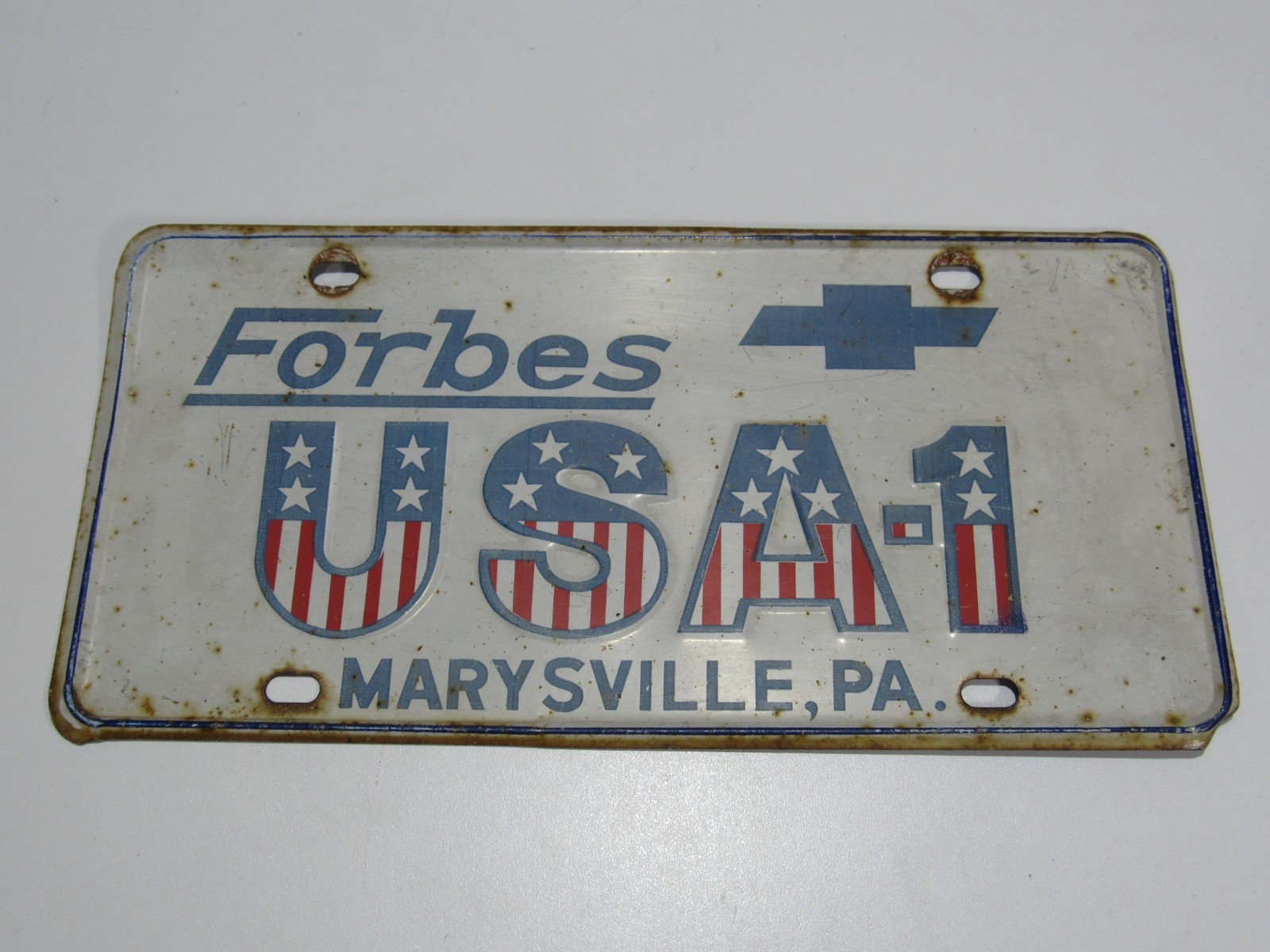 VTG Forbes Chevrolet USA-1 Marysville PA Metal Dealership Booster Plate Tag #1