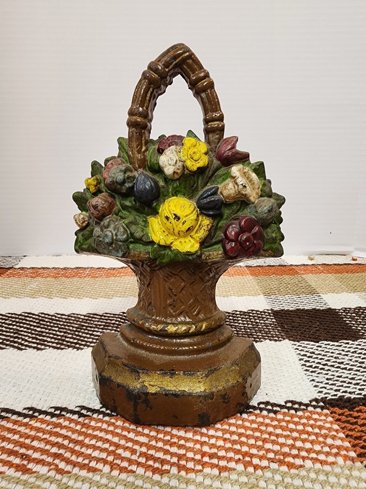 Antique c 1920 Cast Iron Flower Basket Doorstop Original Paint Hubley Era