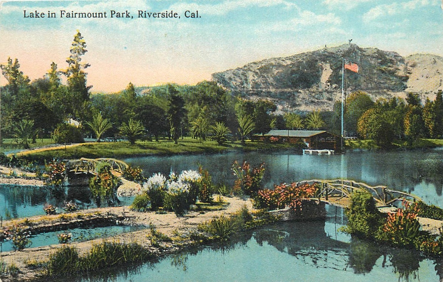 Fairmount Park Lake Riverside CA Postcard Geo Soffner Mount Rubidoux Flag c1910s