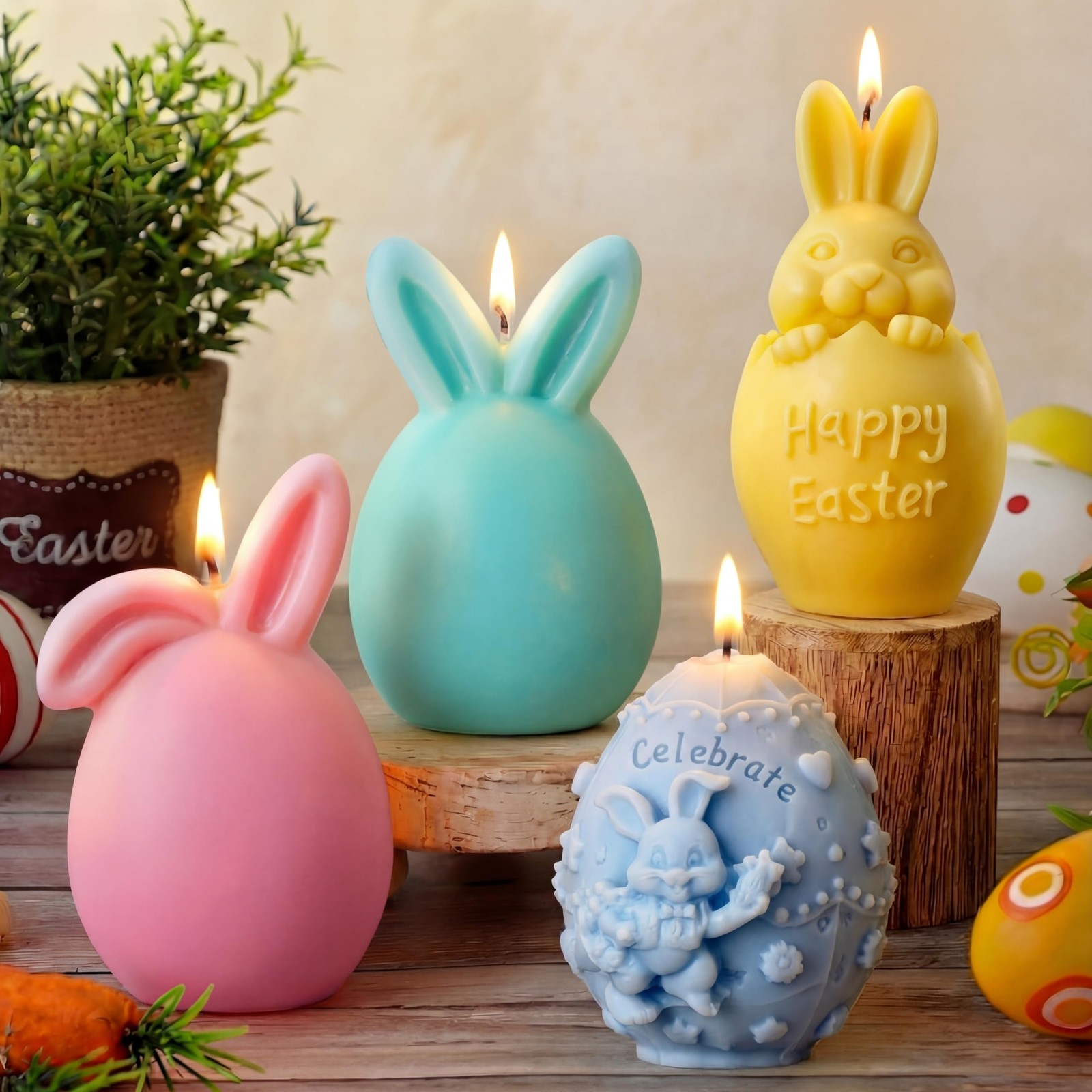 4 Pcs Easter Candles Easter Bunny Egg Votive Candles 4\'\'x2\'\' Spring Pastel Real