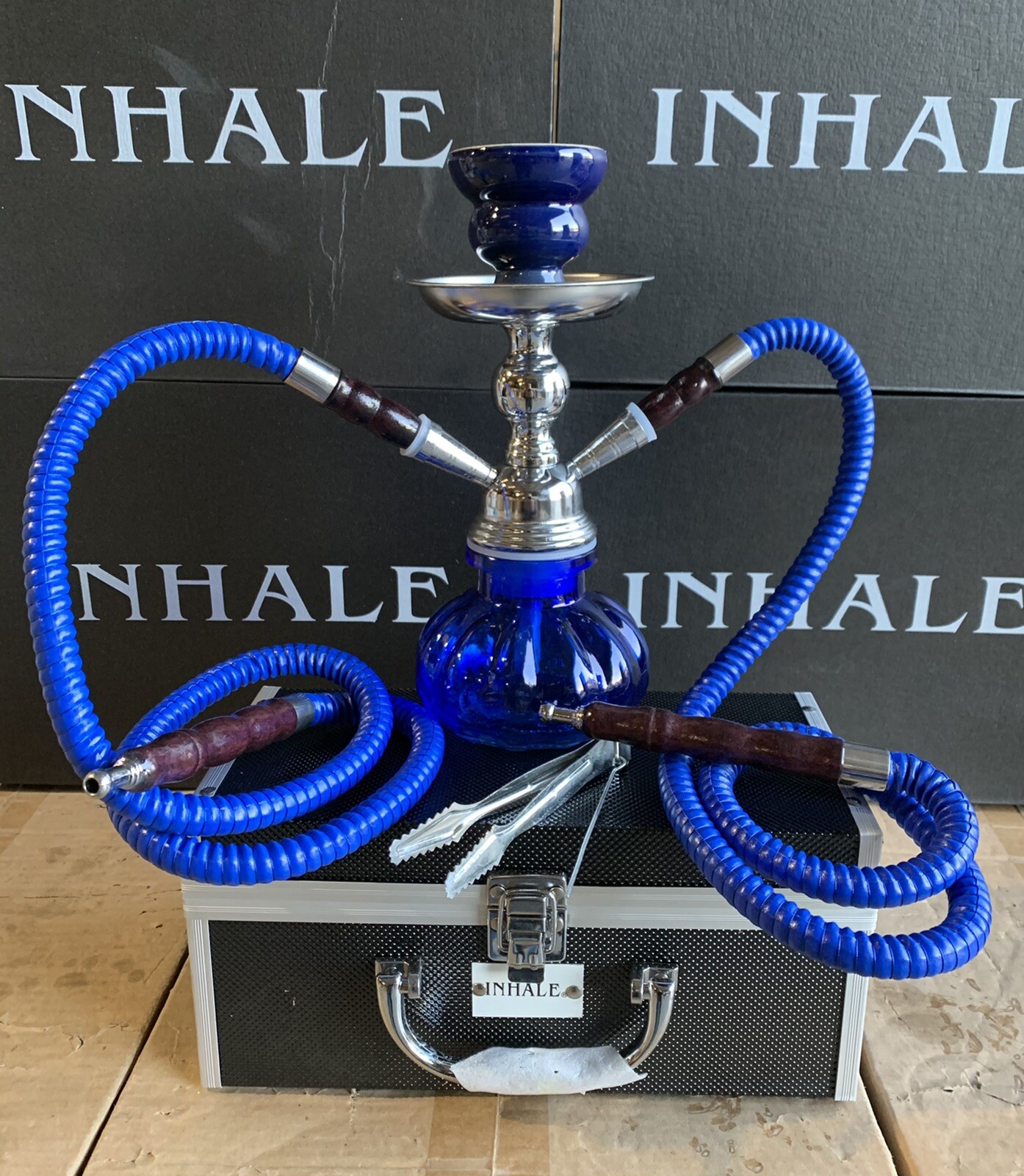 INHALE®️10 INCH 2 HOSE AVALANCHE SMALL PUMPKIN HOOKAH IN A HARD SUITCASE(BLUE) INHALE®️10 INCH 2 HOSE AVALANCHE SMALL PUMPKIN HOOKAH IN A HARD SUITCASE(BLUE)
