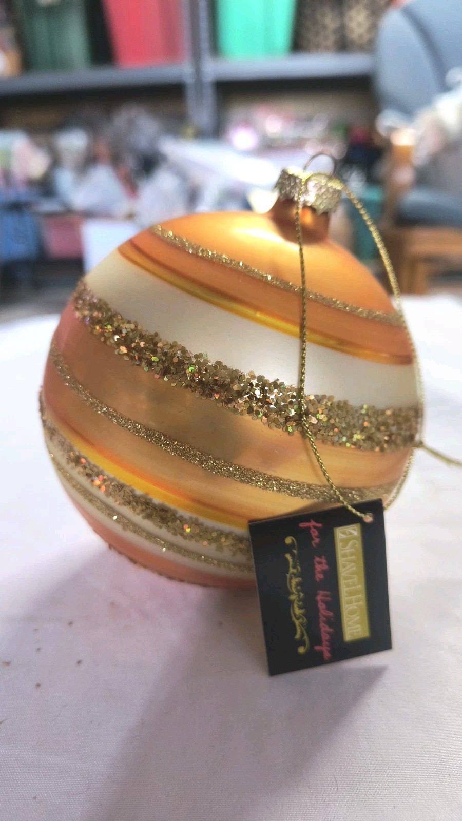 Shavel Home Gold Glitter Stripe Round Collectible Christmas Holiday Ornament