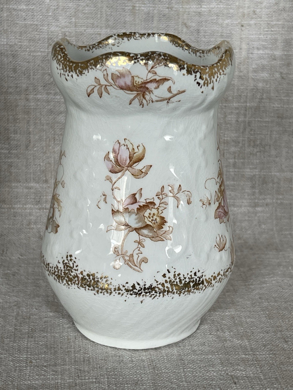 Antique W.H. Grindley Semi-Porcelain Floral Vase w Gold Trim, Rose Pattern 5” T Antique W.H. Grindley Semi-Porcelain Floral Vase w Gold Trim, Rose Pattern 5” T