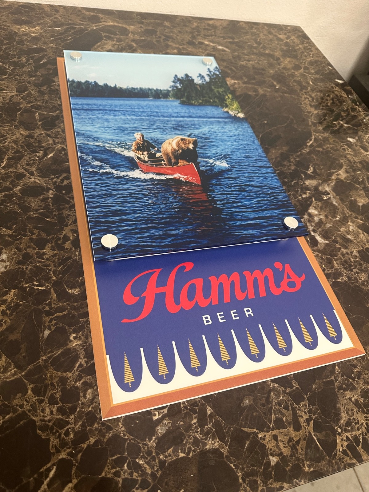 Hamm’s Beer Sign custom created with bear and guy in canoe