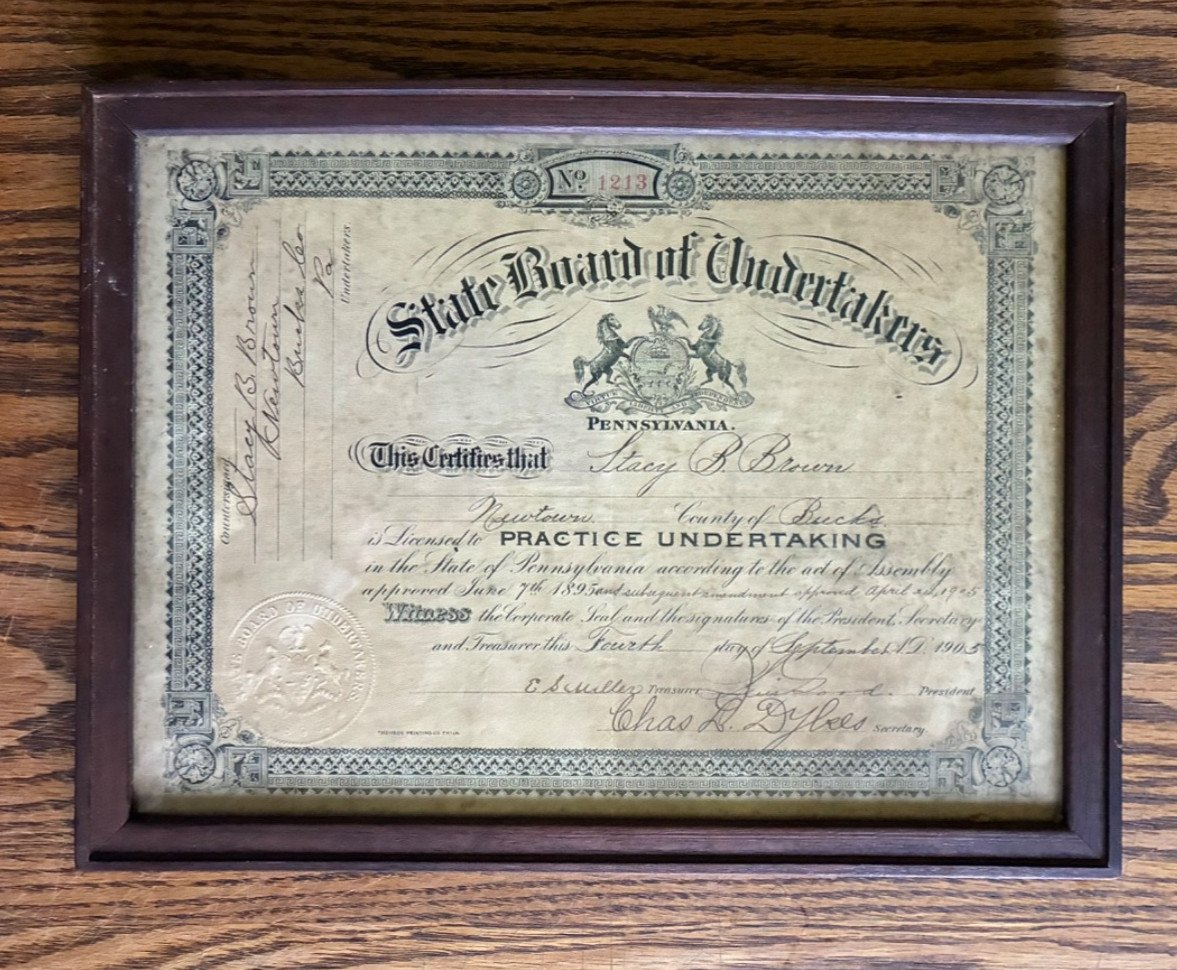 Antique 1905 PA State Board of Undertakers License Framed Newtown Bucks Co Brown