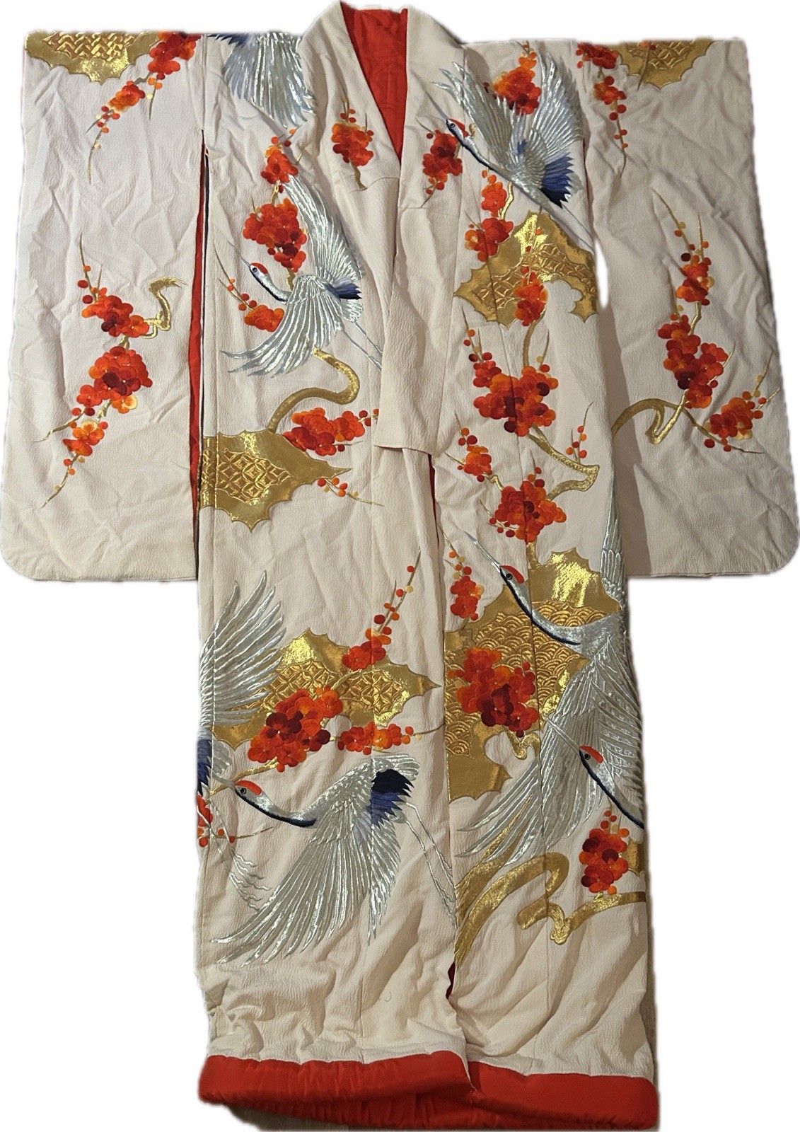 Vintage Japanese Kimono w/ Embroidered Crane & Floral ~ 6 Ft Long
