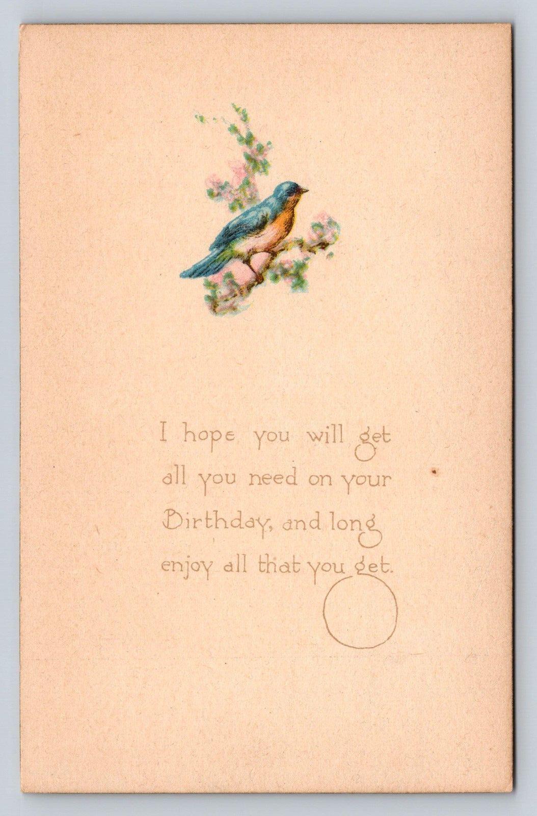 Antique Art Unposted 1900s Postcard Blue Bird on Floral Branch Birthday Greeting