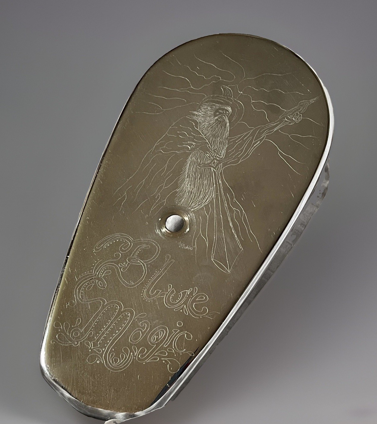 Vintage Wizard Etched Motorcycle Part Blue Magic signed Schlos Outlaw Biker